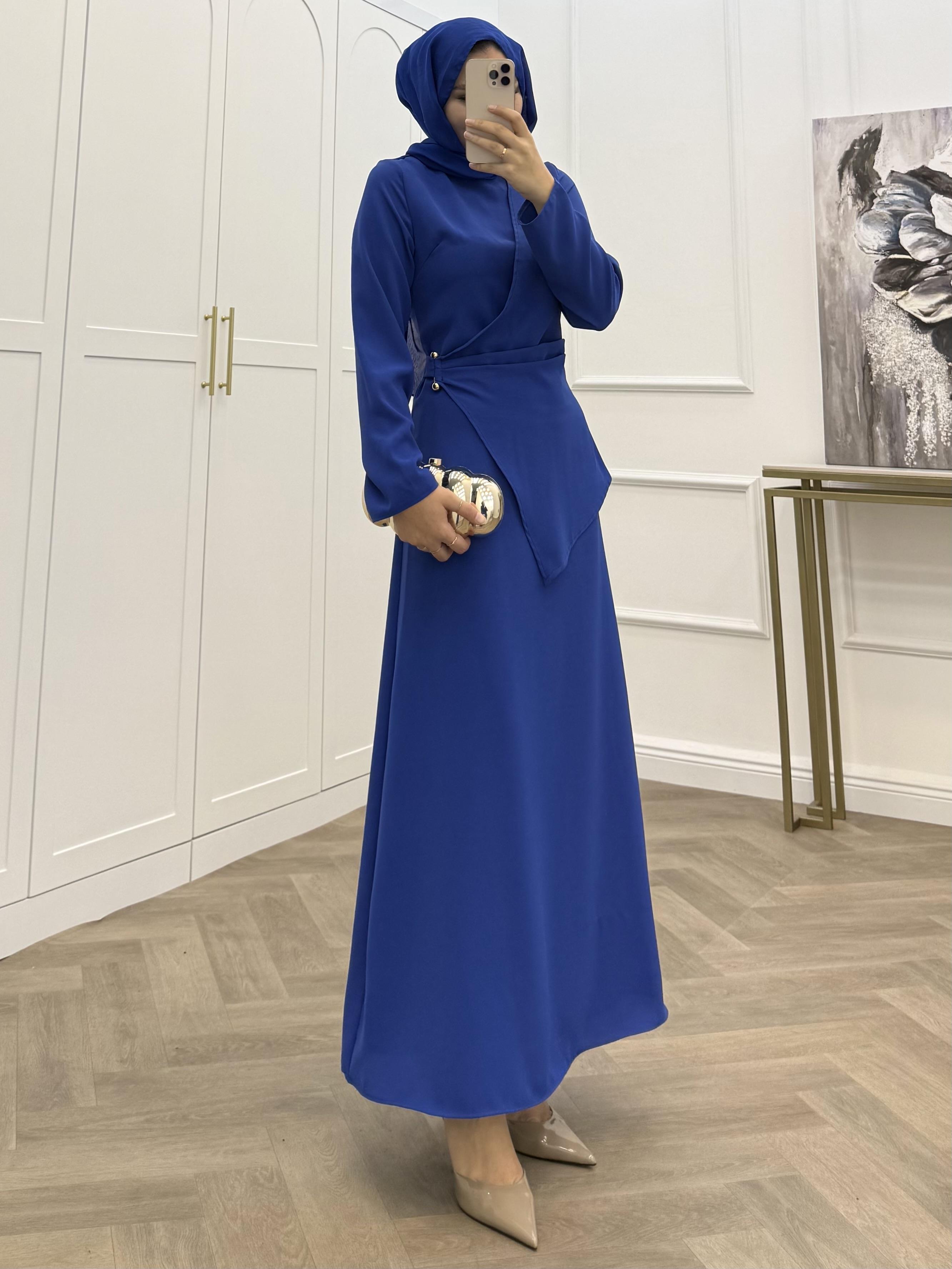 ÇAPRAZ GEÇİŞLİ KREP ELBİSE SAKS