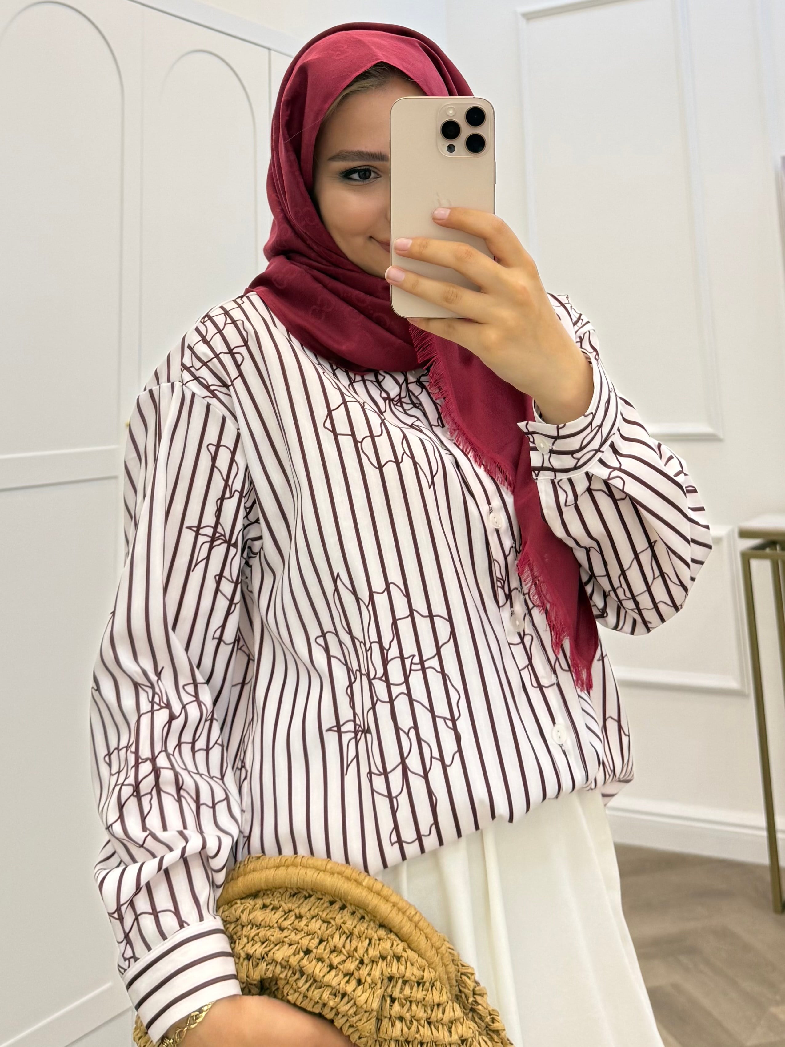 ÇİÇEKLİ ÇİZGİLİ GÖMLEK  BORDO