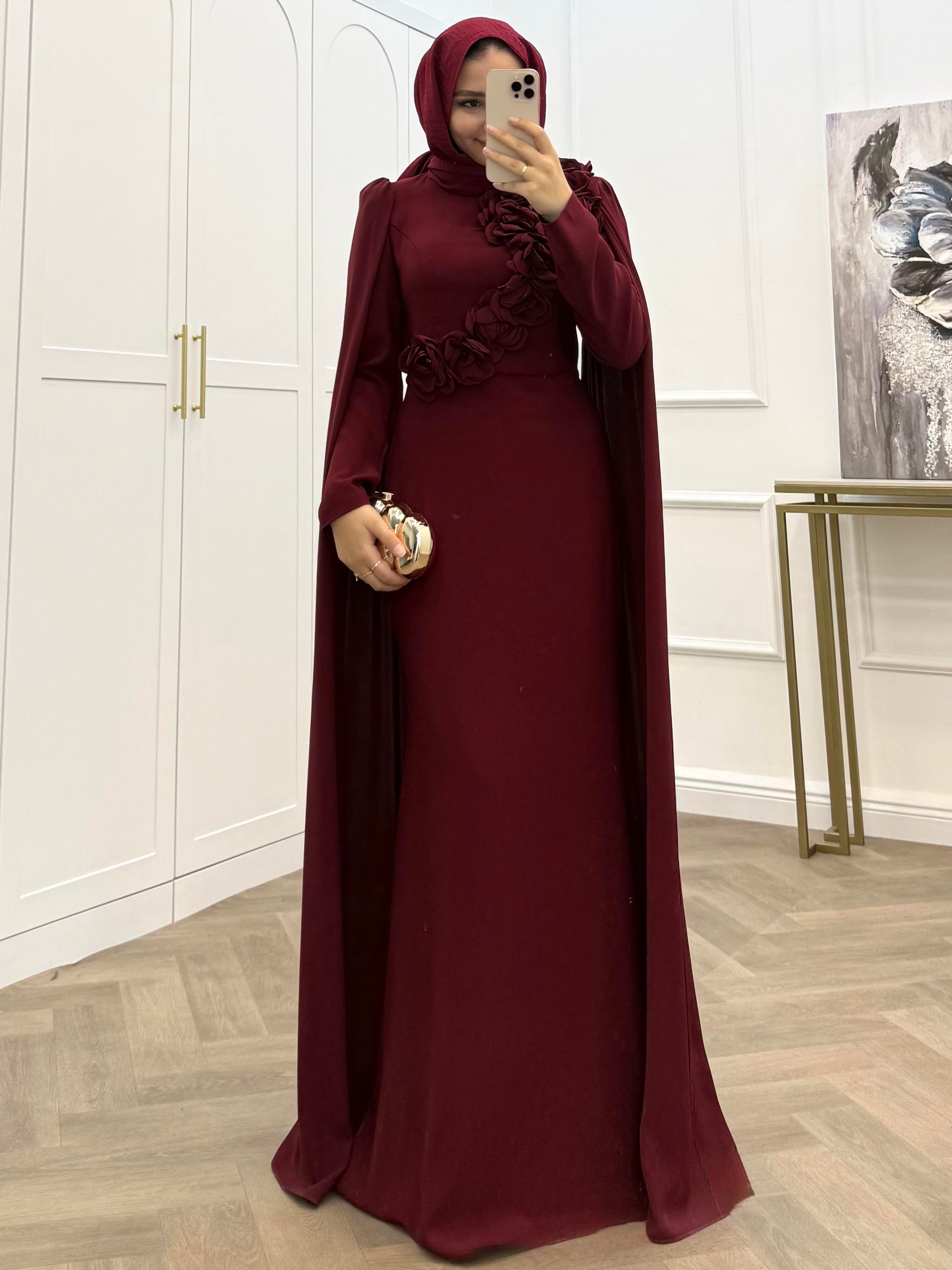 ÇİÇEKLİ SALAŞ KOL ELBİSE BORDO