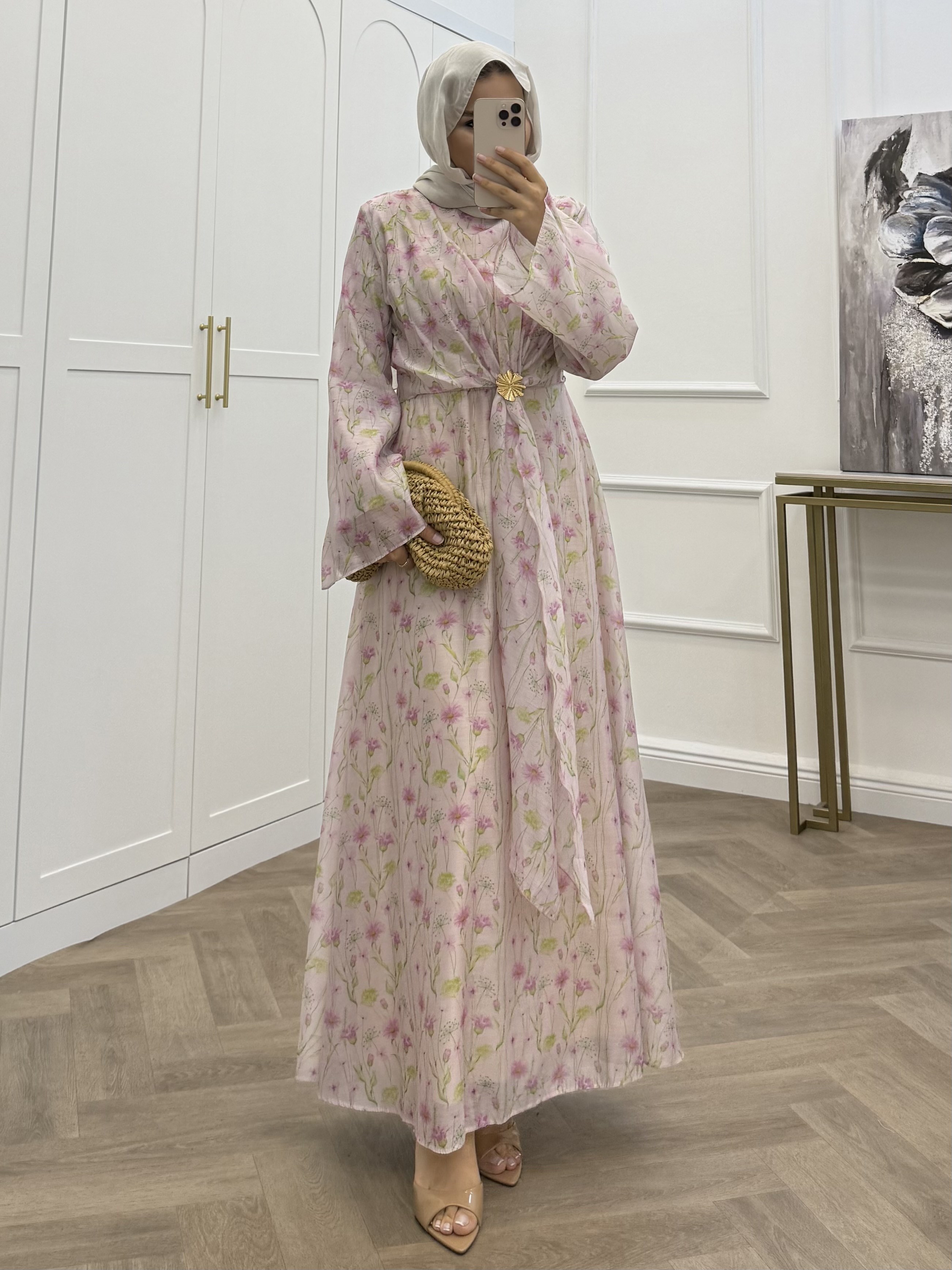 ÇİÇEKLİ VUAL ŞİFON ELBİSE PEMBE
