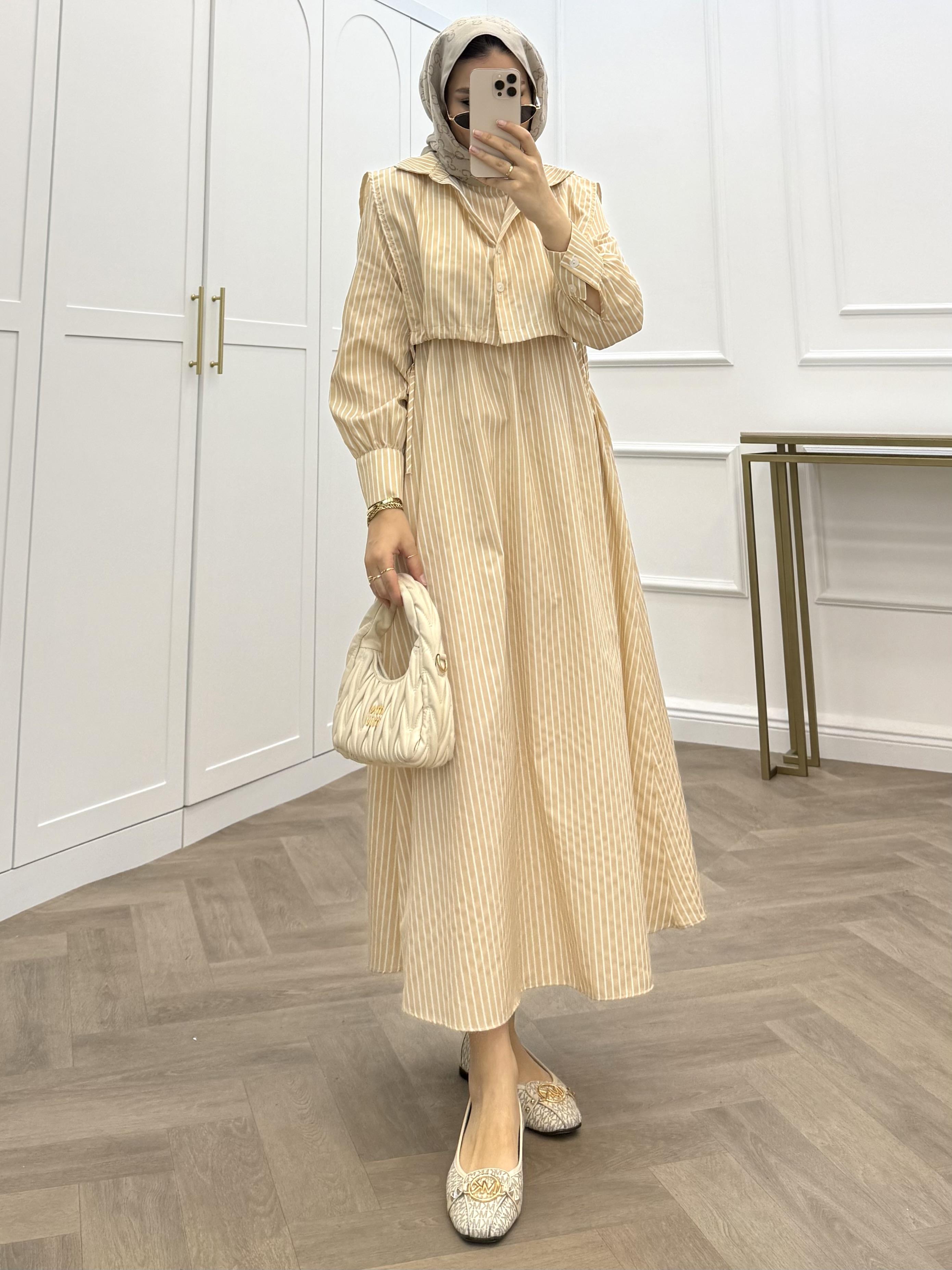 ÇİZGİLİ CROP ELBİSE BEJ