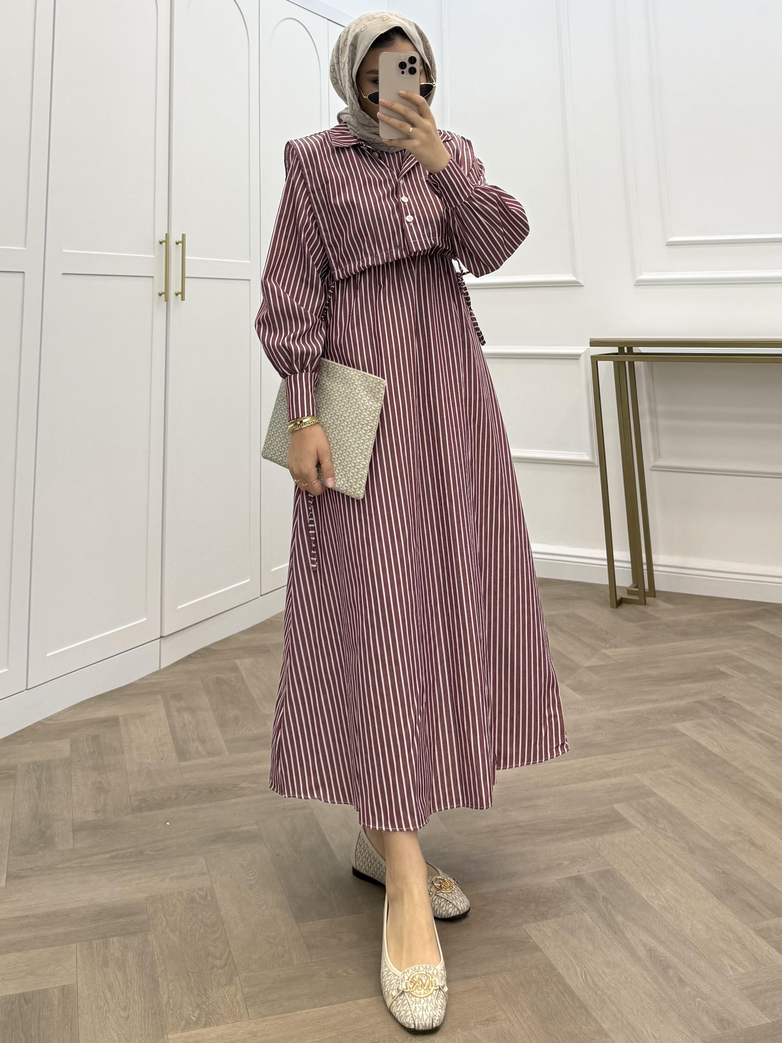 ÇİZGİLİ CROP ELBİSE BORDO