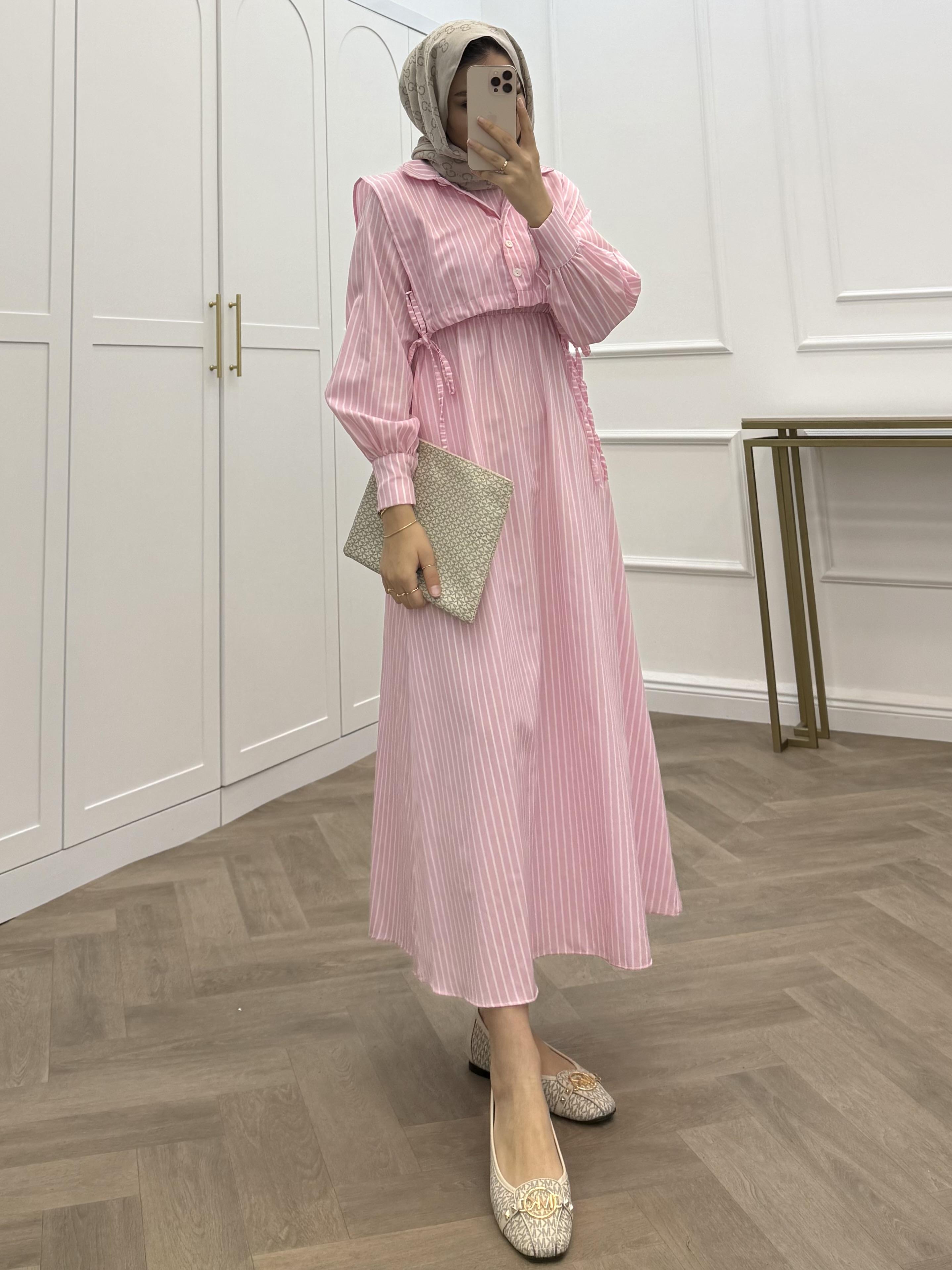 ÇİZGİLİ CROP ELBİSE PEMBE