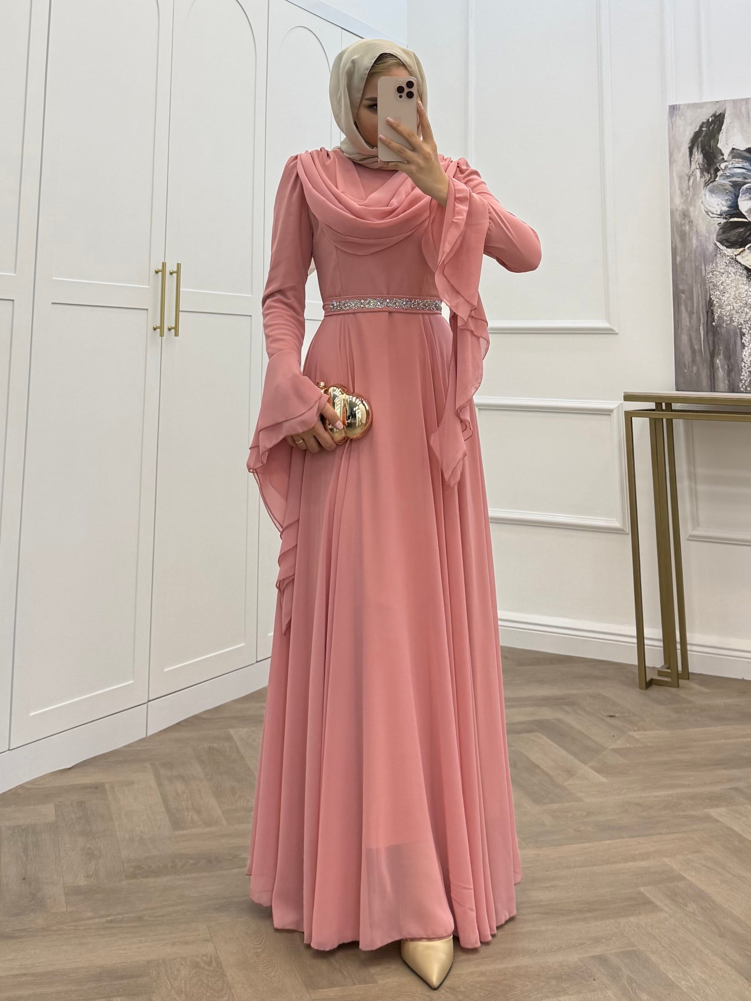 DEGAJE YAKA SARAY ABİYE PEMBE