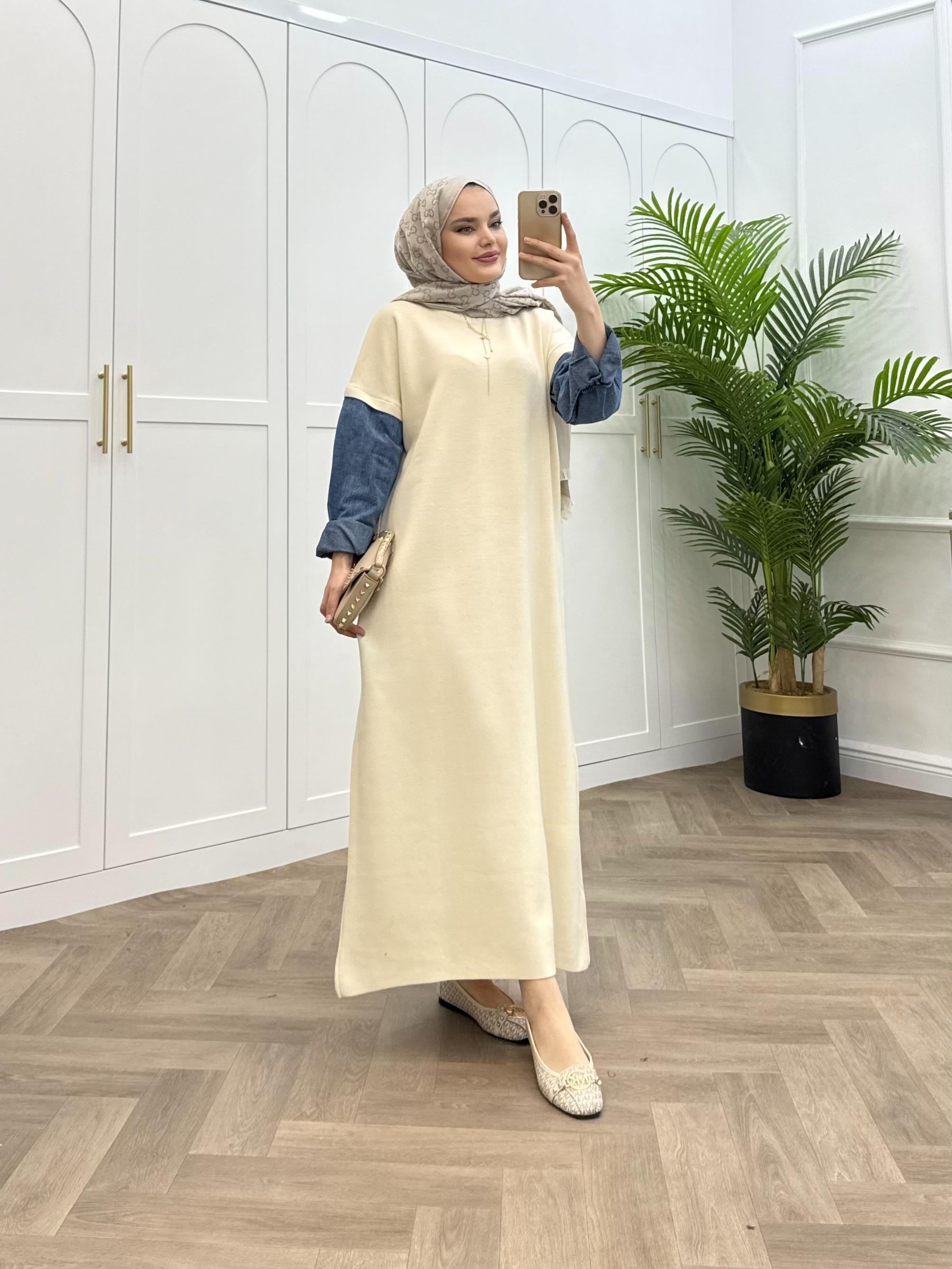 DENİM KOL TRİKO ELBİSE TAŞ