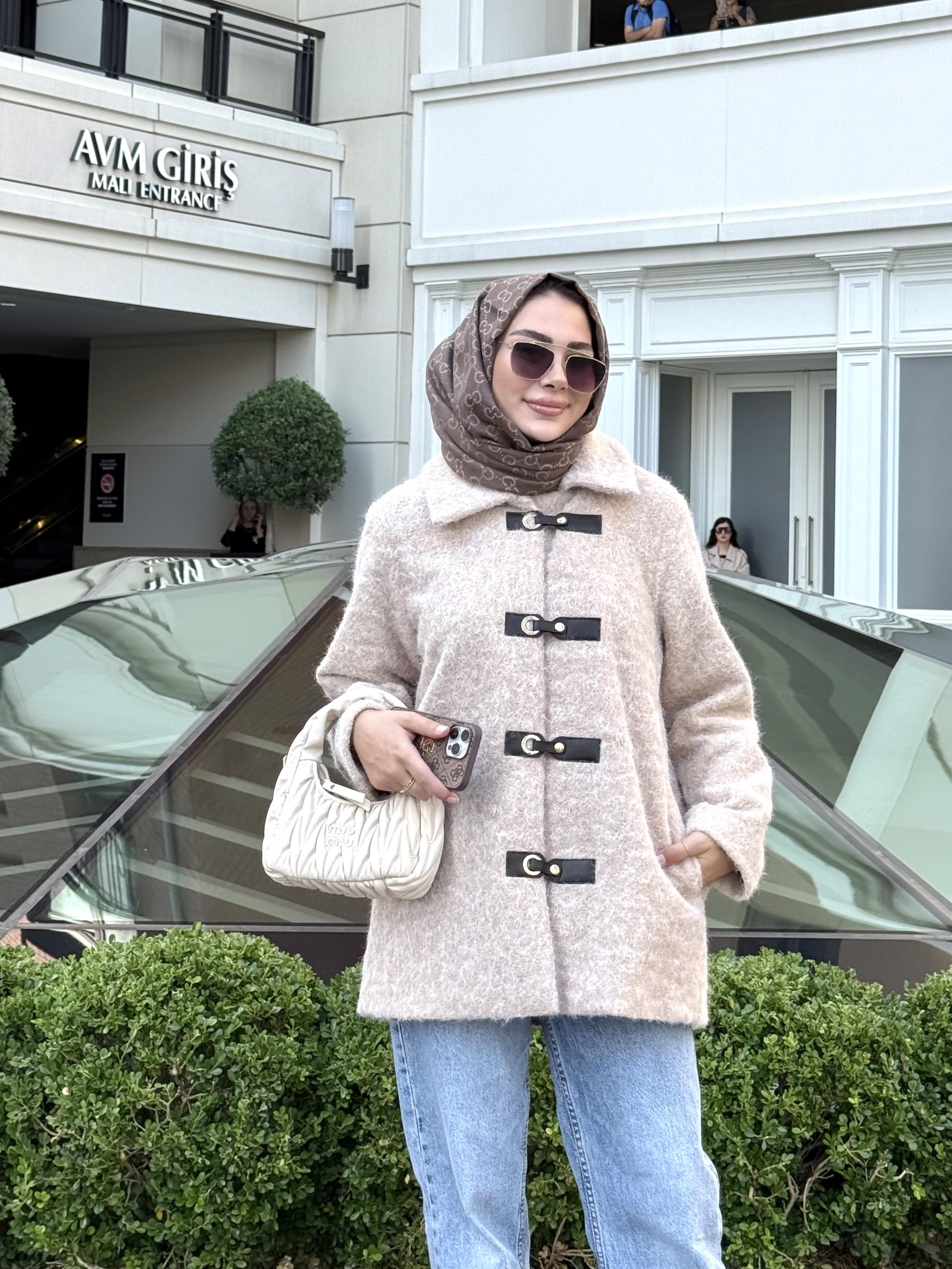 DERİ TOKA DETAYLI YÜN CEKET BEJ