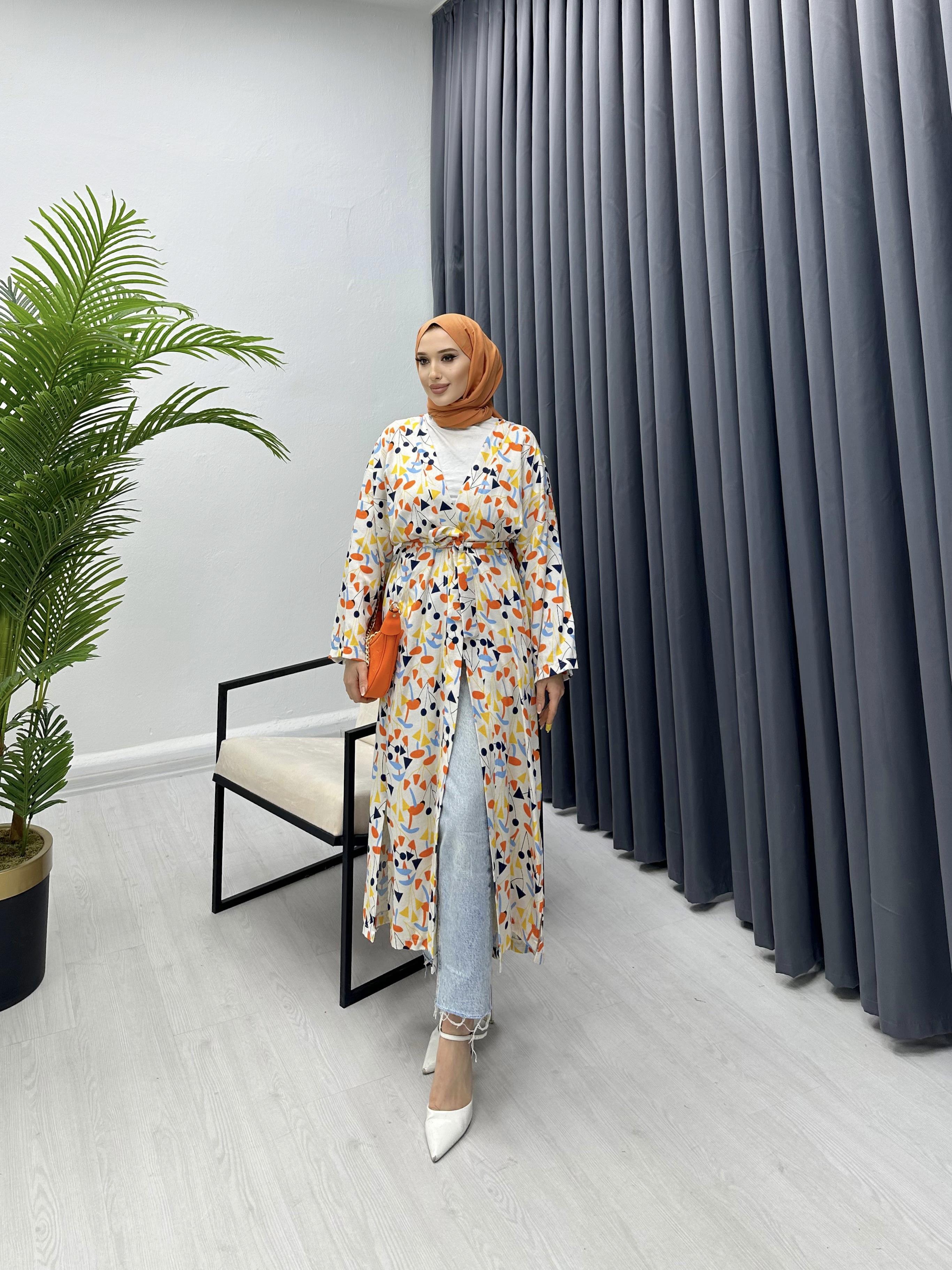 DESENLE KETEN KİMONO ORANJ