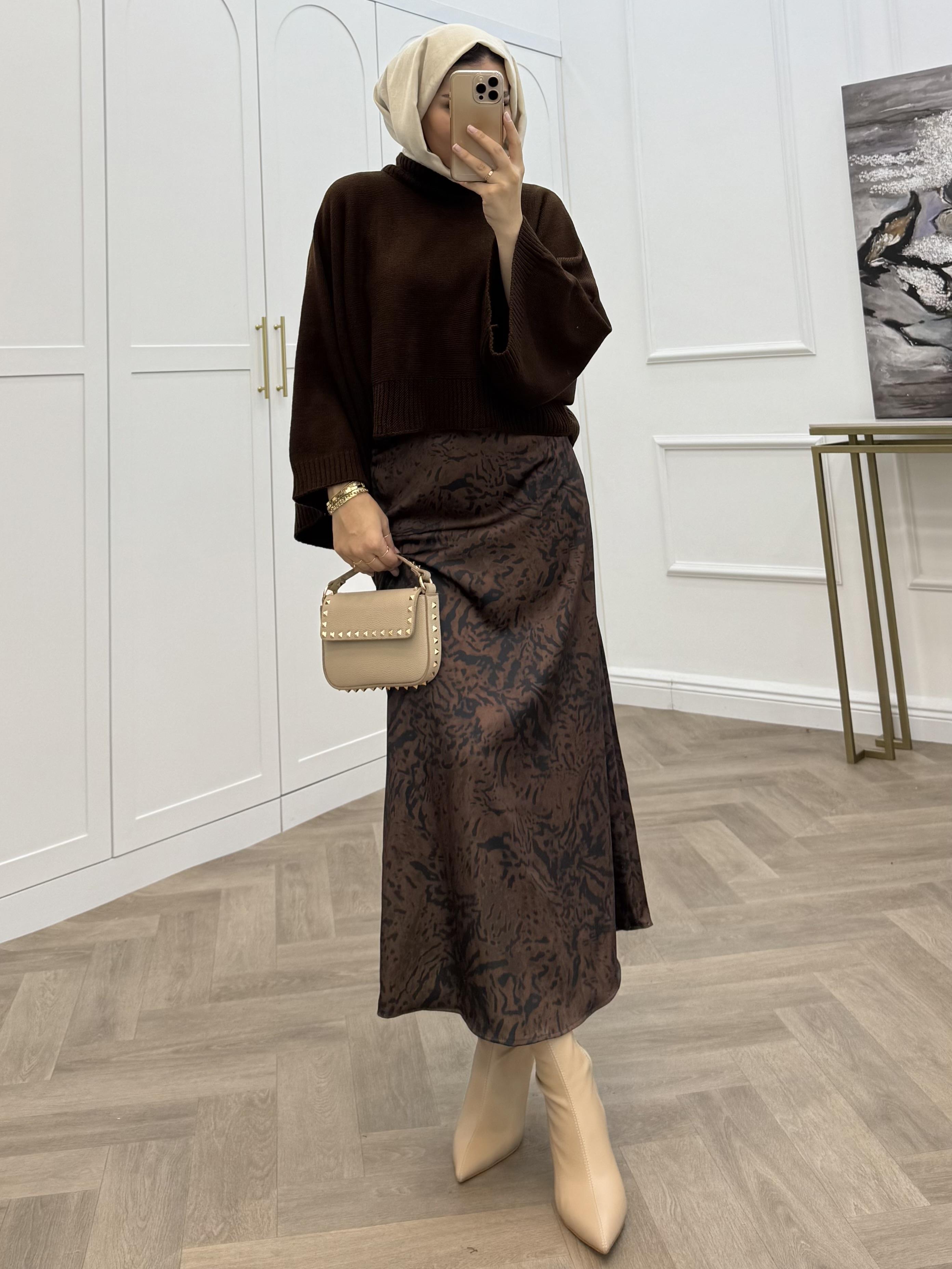 DESENLİ SATEN ETEK KAHVE