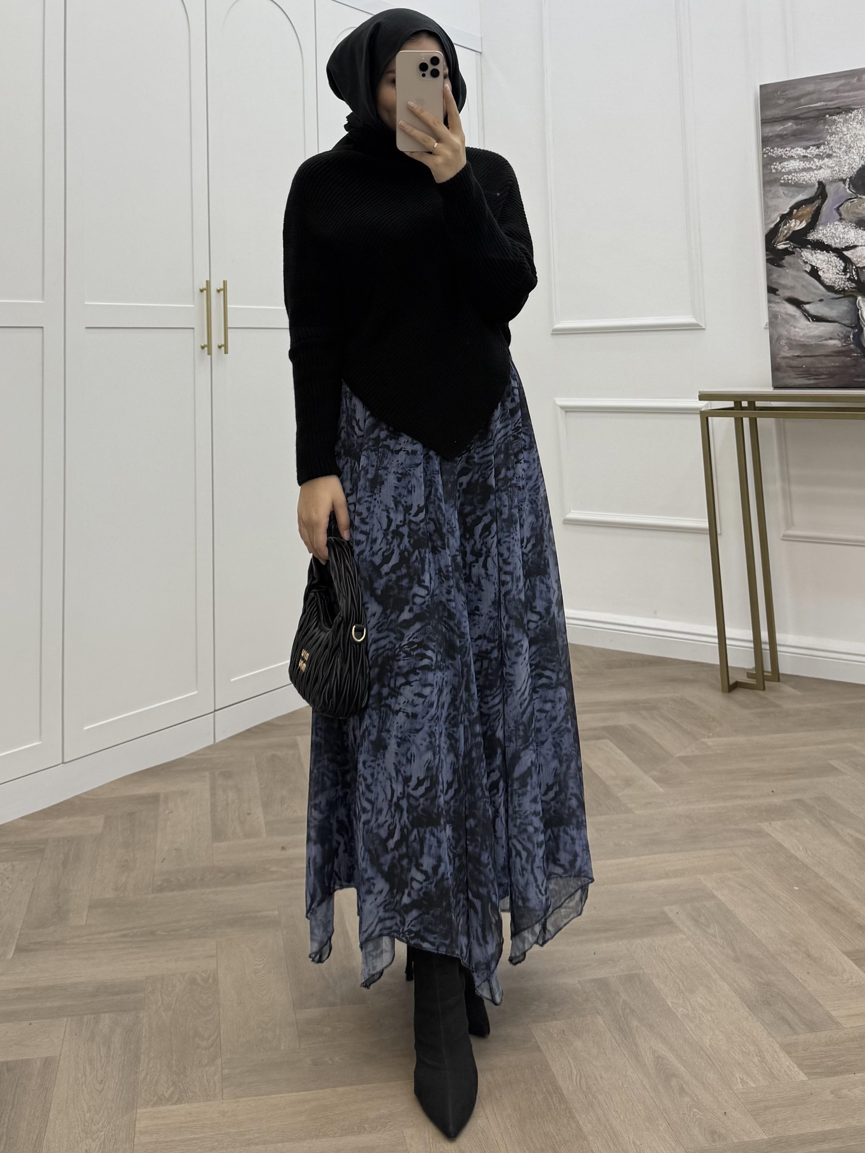 DESENLİ ŞİFON ETEK İNDİGO LEOPAR 