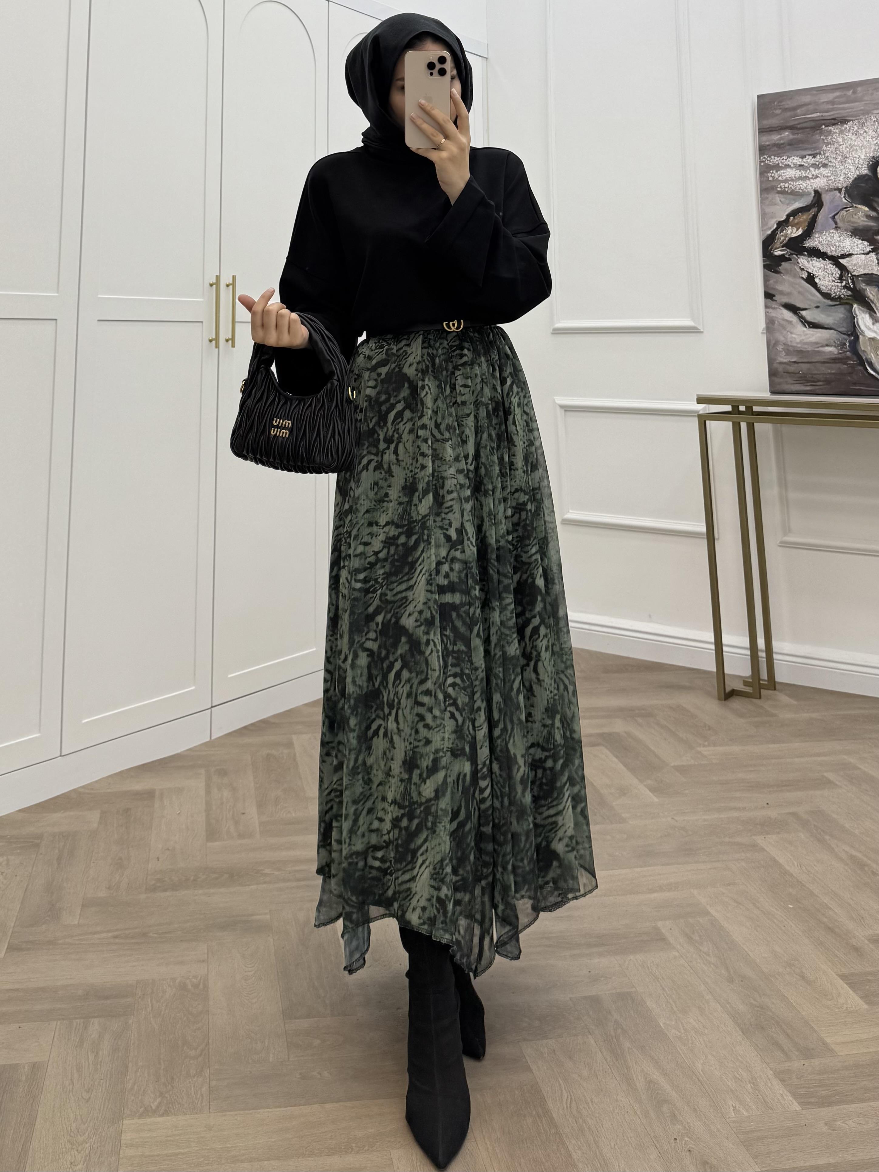 DESENLİ ŞİFON ETEK LEOPAR ZÜMRÜT 