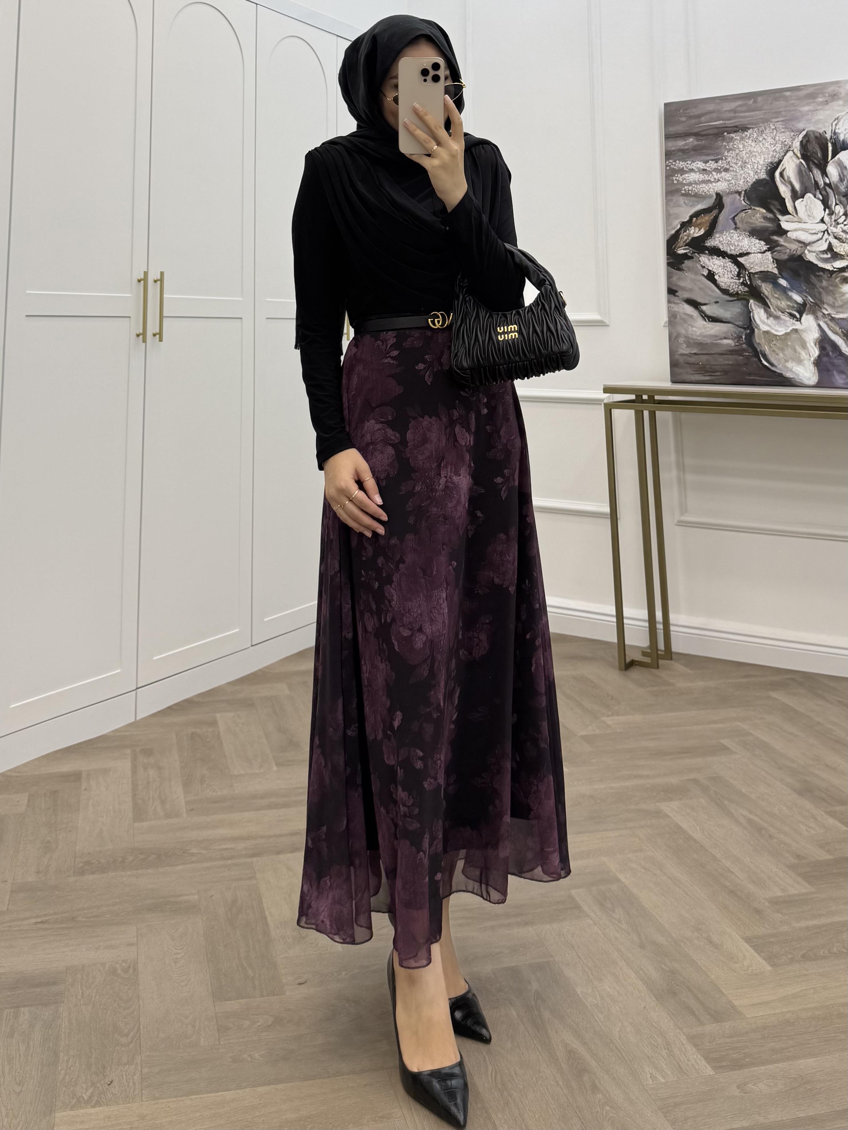 DEVA DESENLİ ŞİFON ETEK MOR