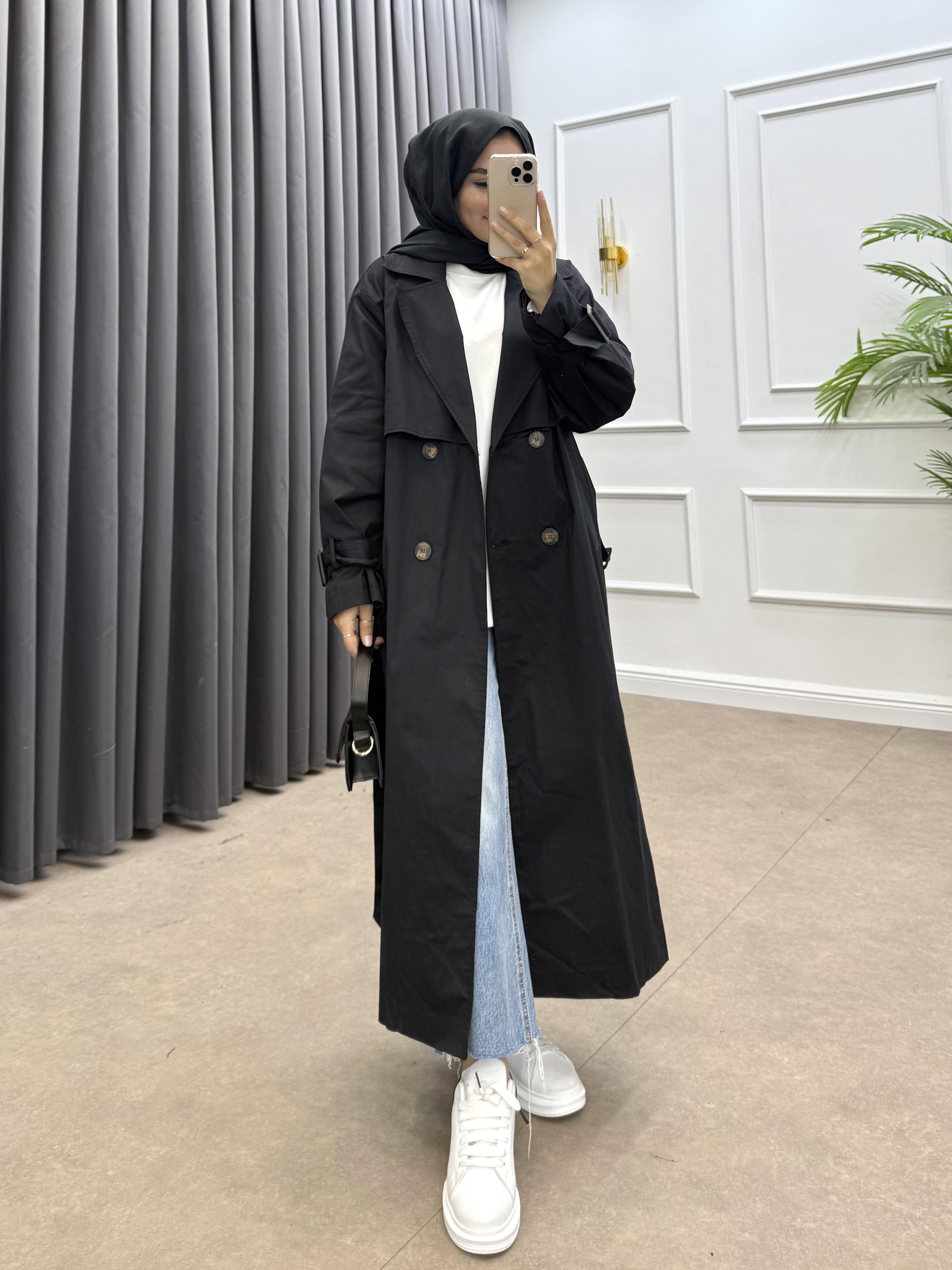 DÖRT DÜĞMELİ STANDART TRENÇKOT SİYAH