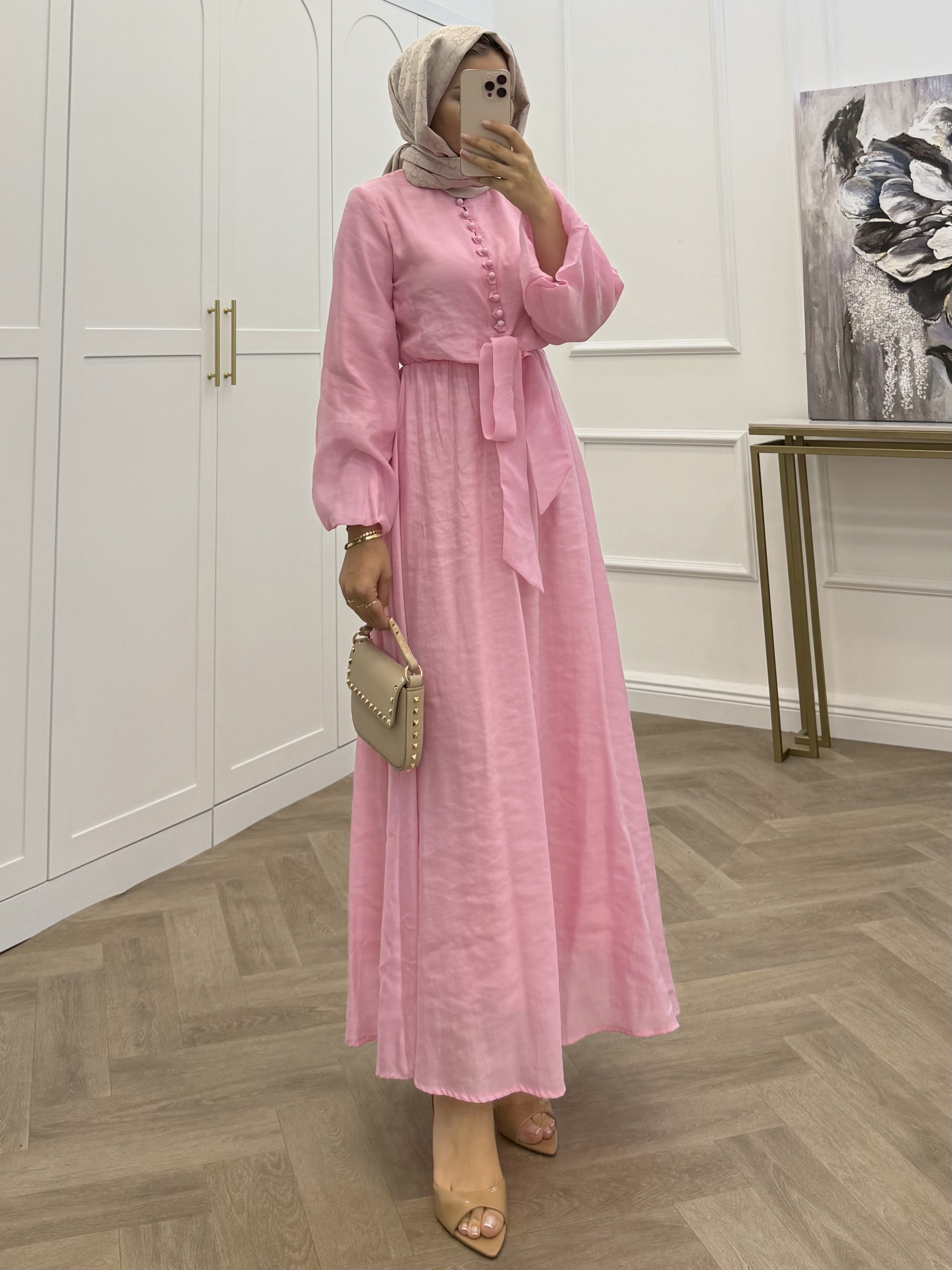 DÜĞMELİ POPLİN ELBİSE PEMBE