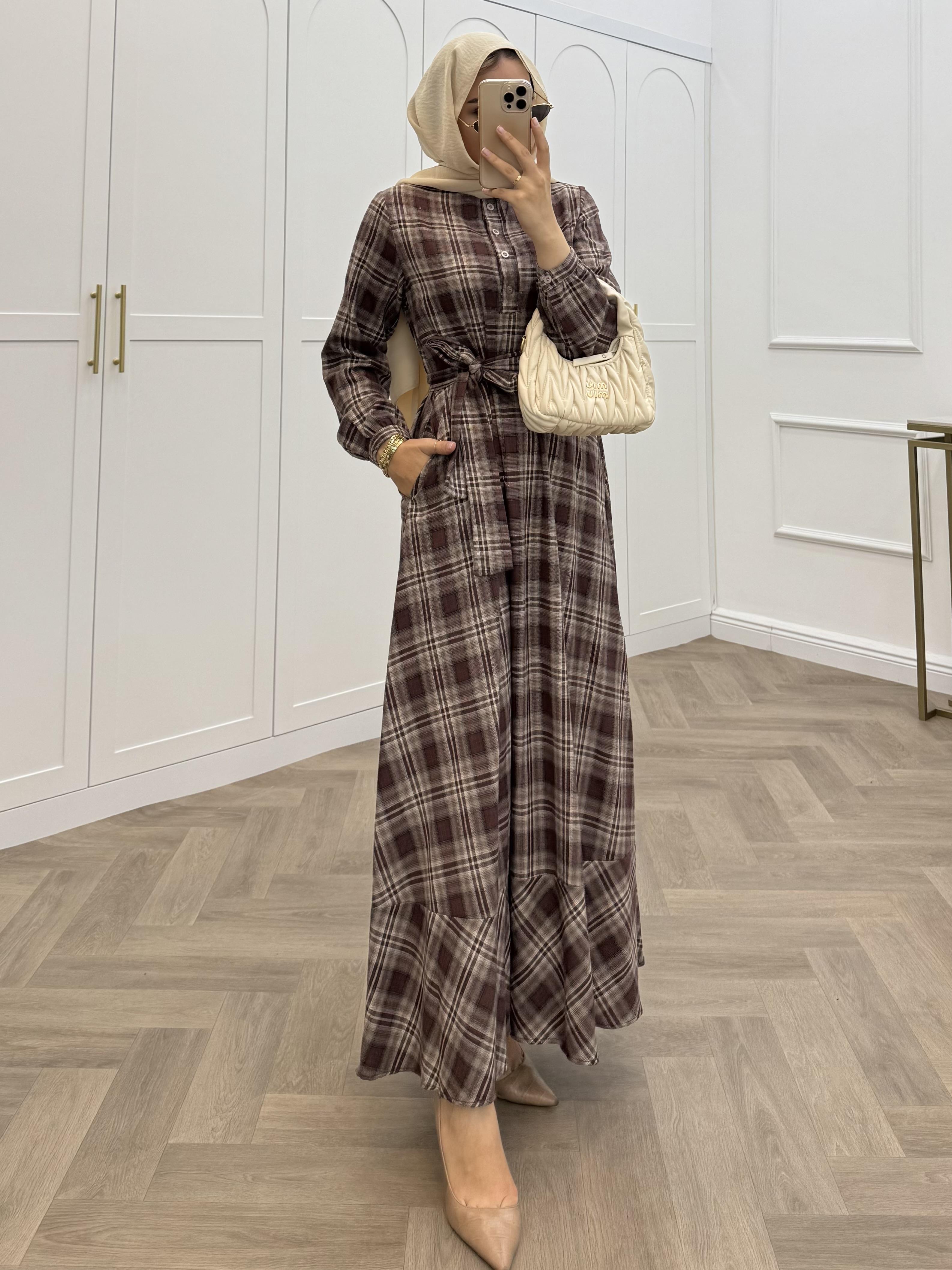 EKOSE DESENLİ ELBİSE KAHVE