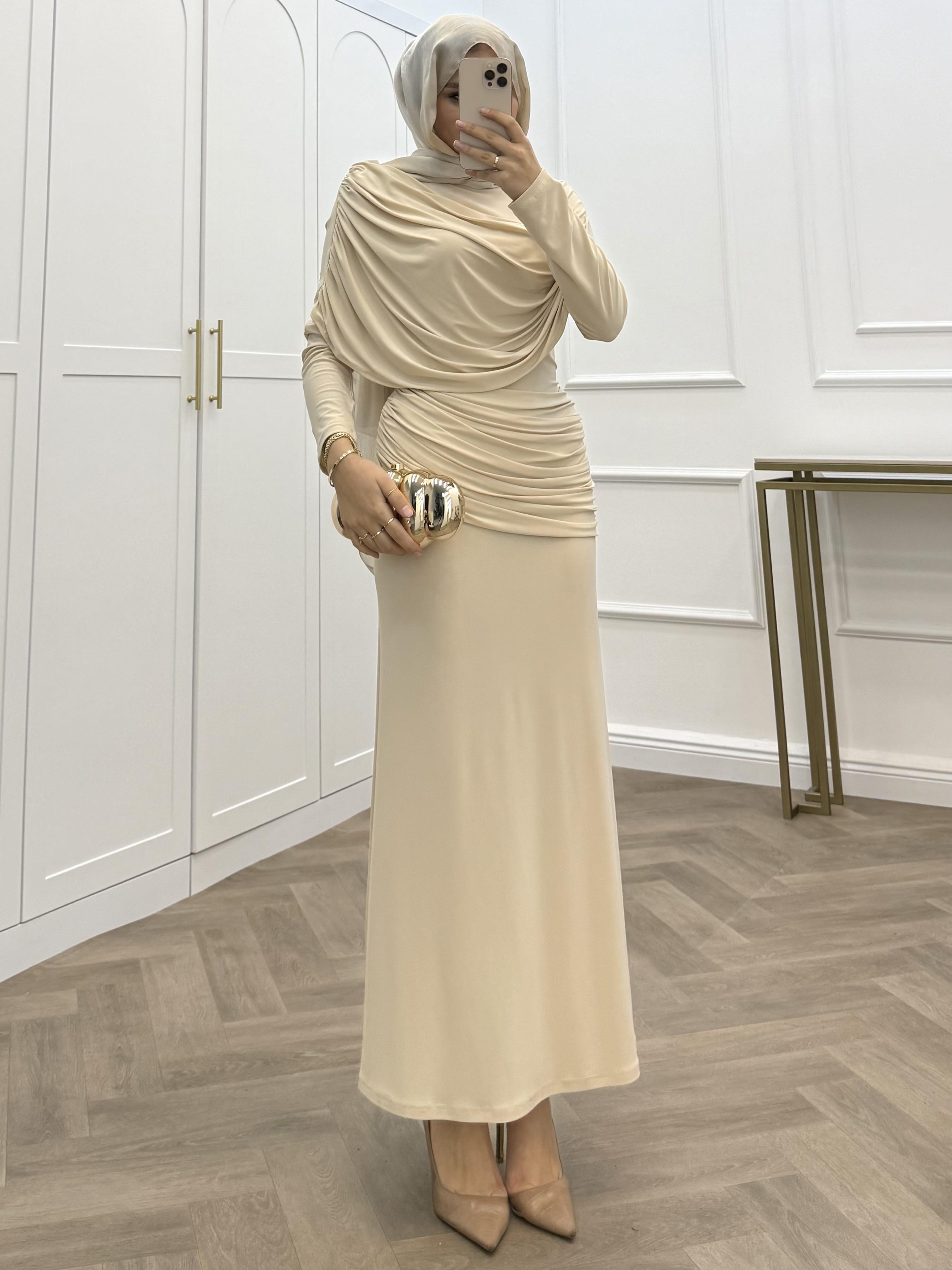 FARAH DEGAJE YAKA SANDY ELBİSE BEJ