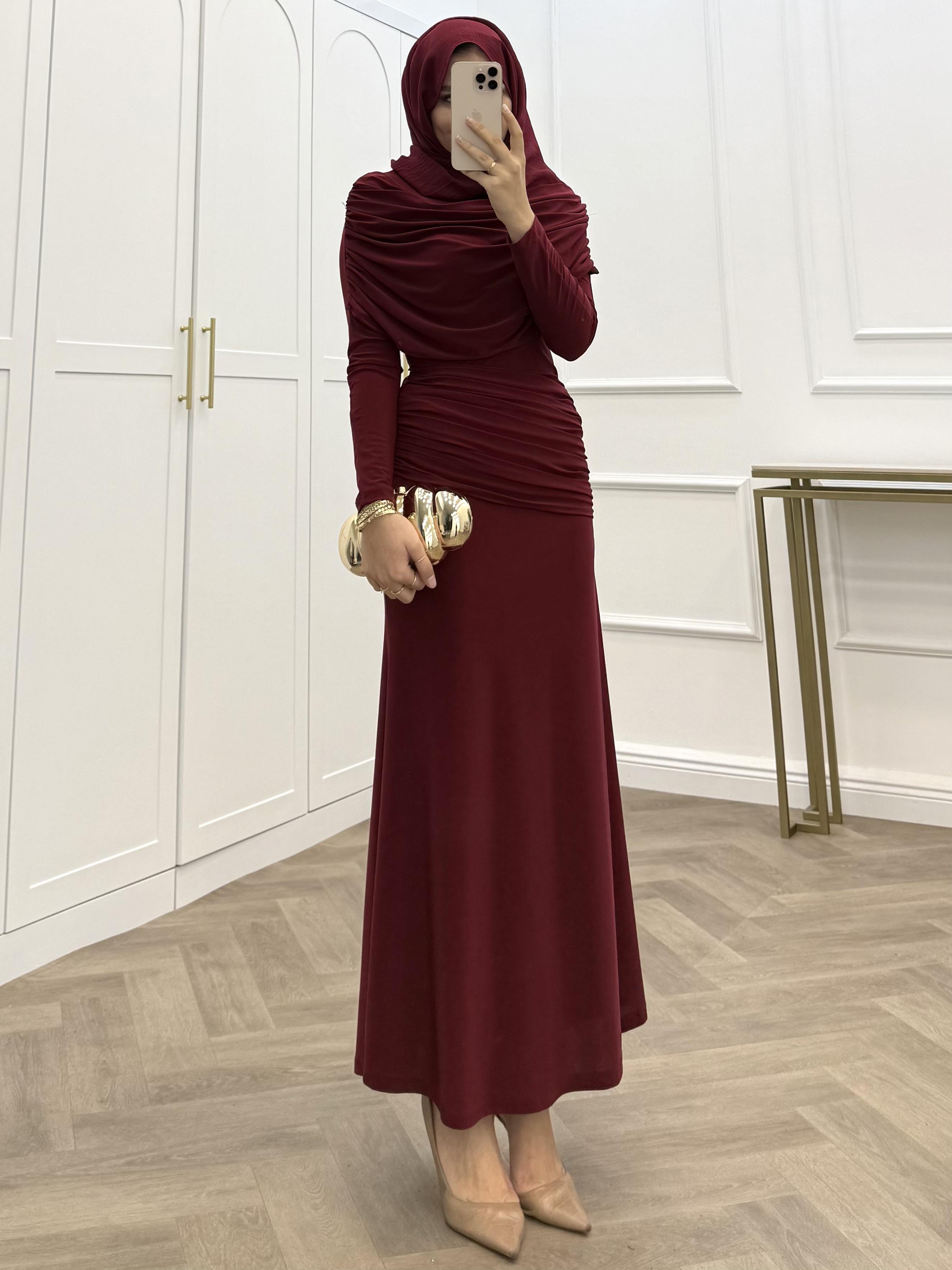 FARAH DEGAJE YAKA SANDY ELBİSE BORDO