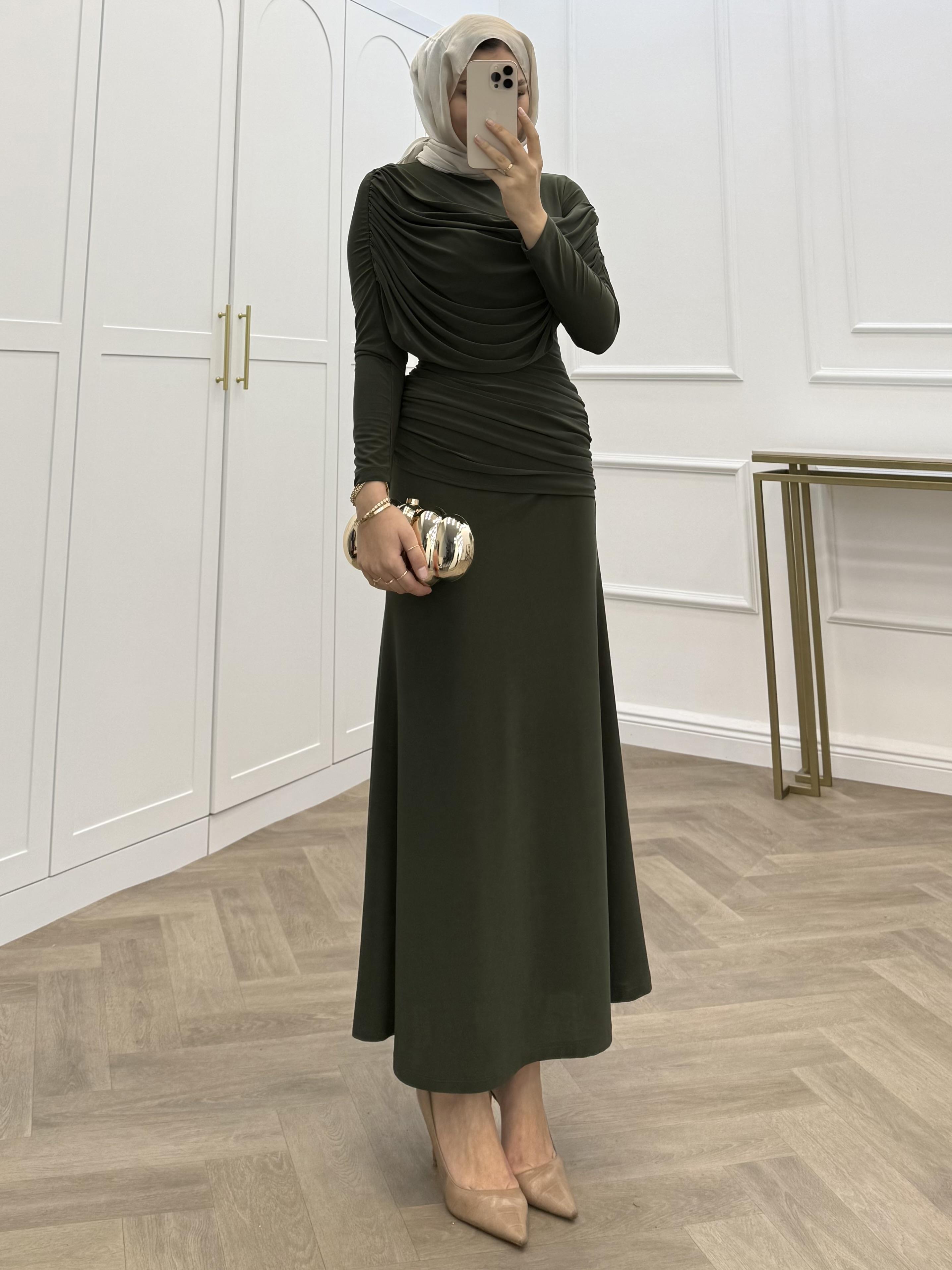 FARAH DEGAJE YAKA SANDY ELBİSE HAKİ