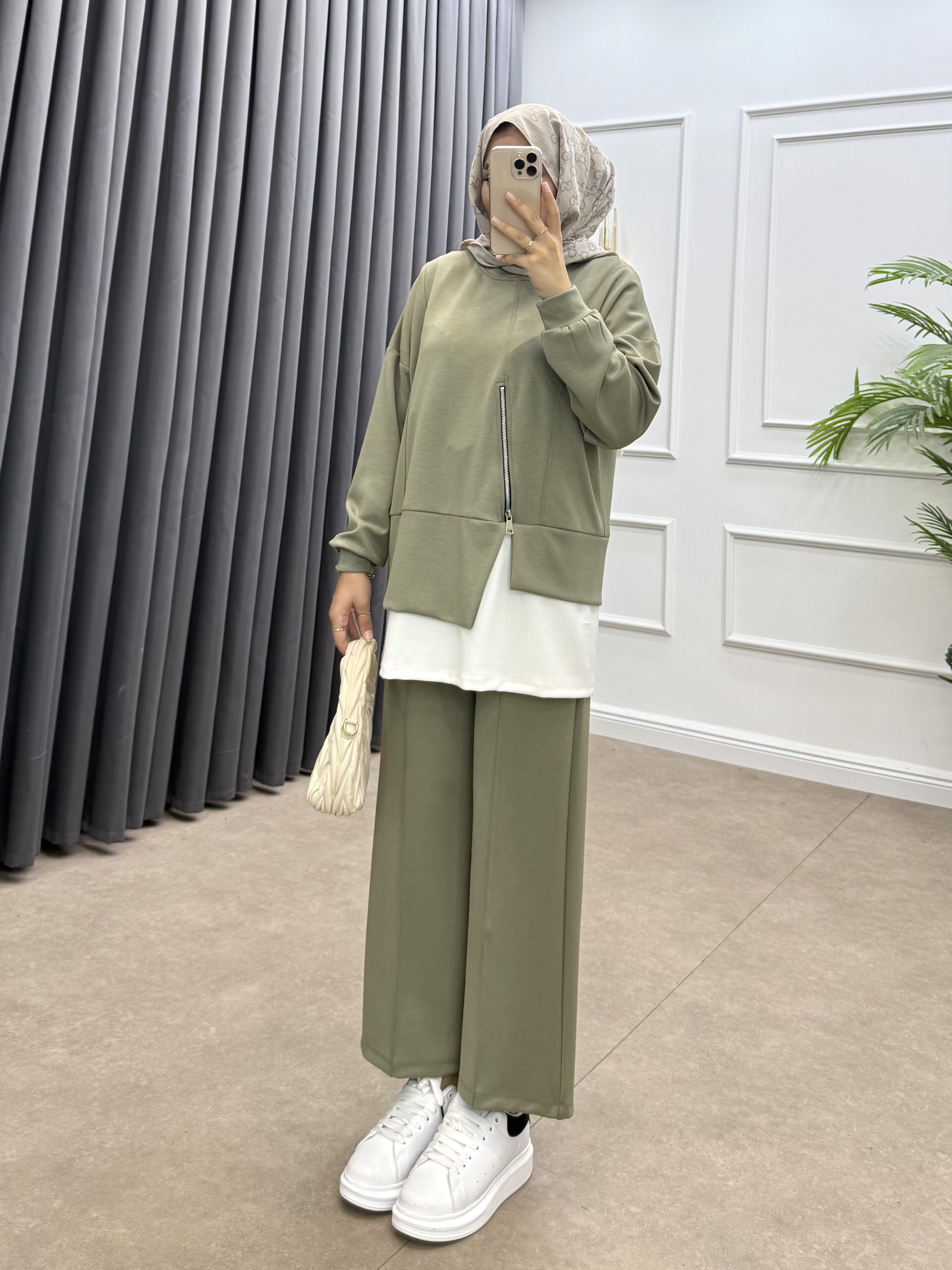 FERMUAR DETAYLI MODAL PANTOLONLU TAKIM HAKİ