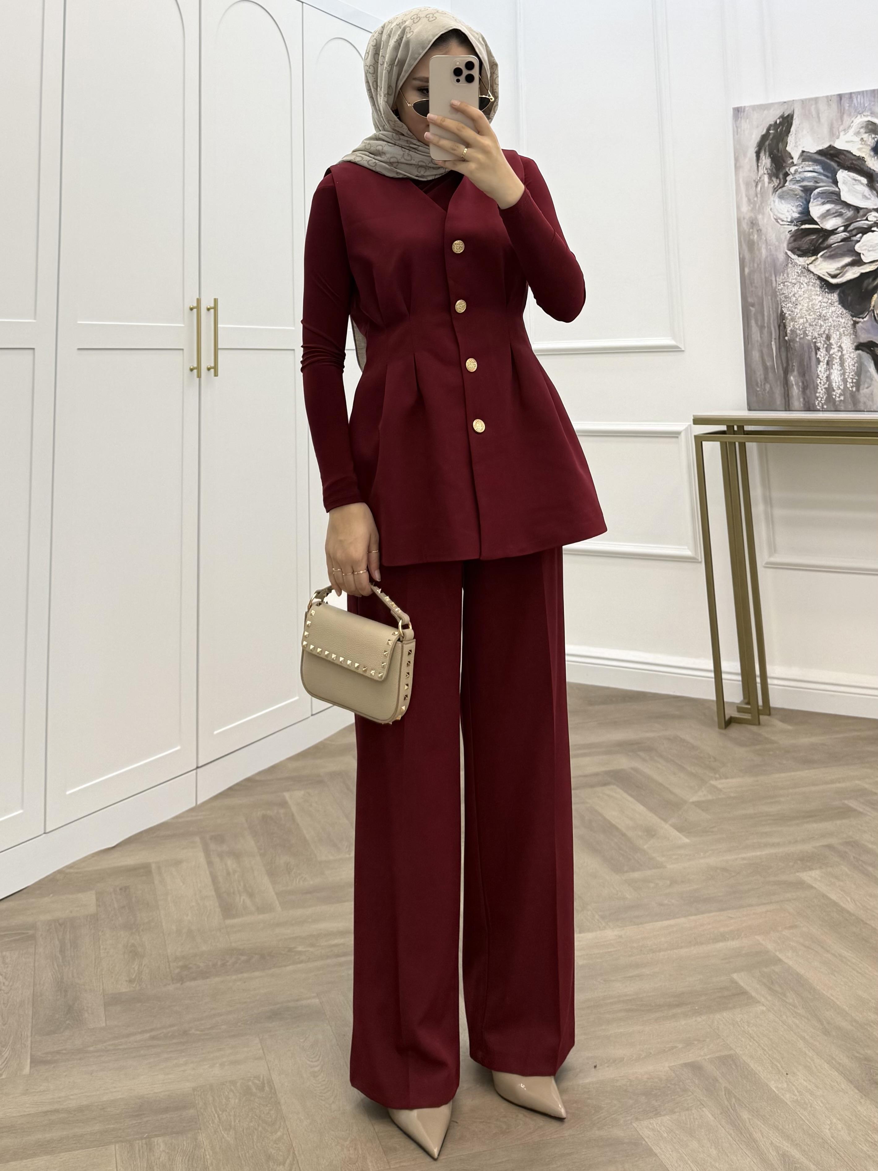 GOLD DÜĞMELİ BASİC YELEKLİ TAKIM BORDO