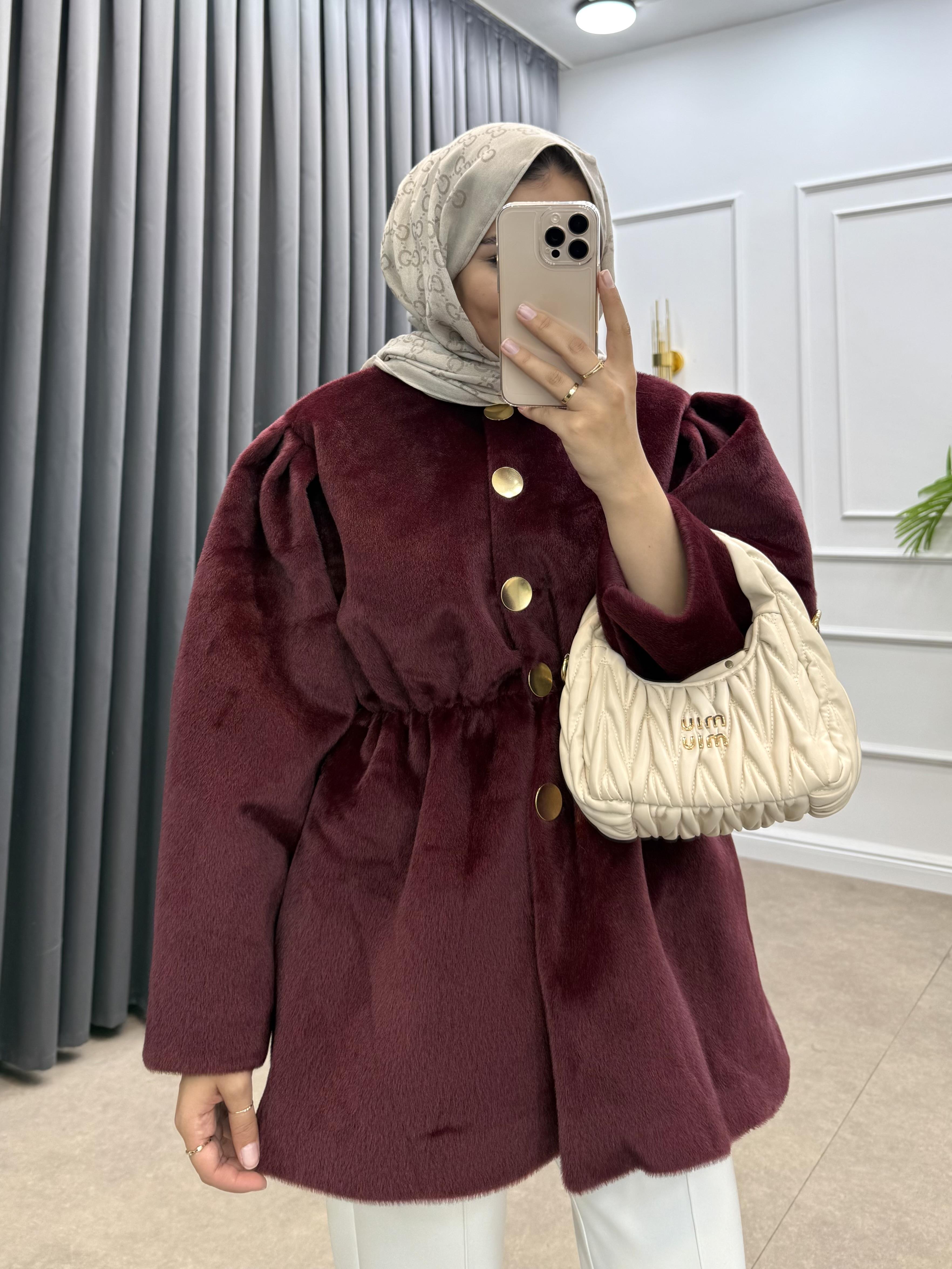 GOLD DÜĞMELİ BELİ LASTİKLİ CEKET BORDO