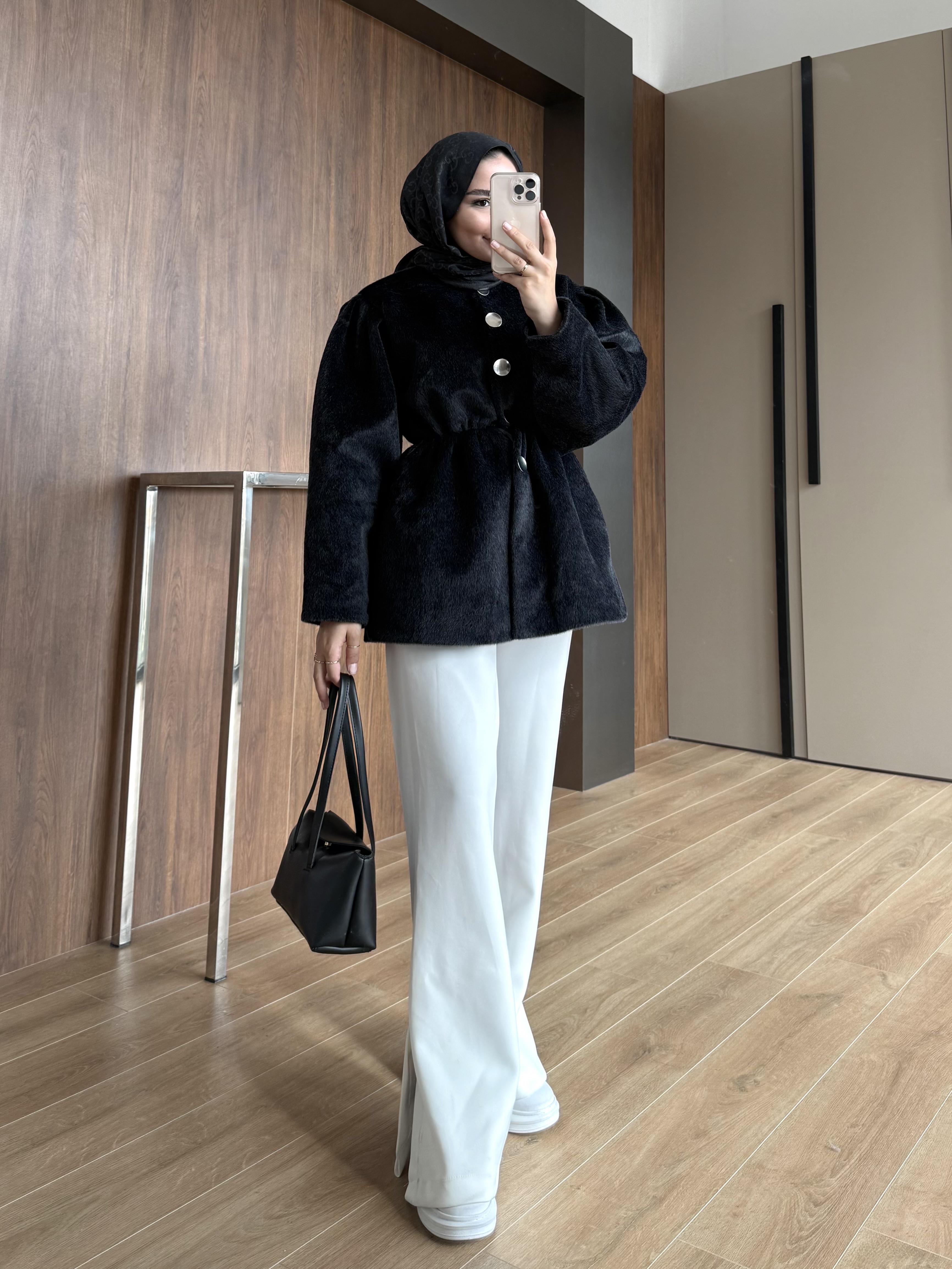 GOLD DÜĞMELİ BELİ LASTİKLİ CEKET SİYAH