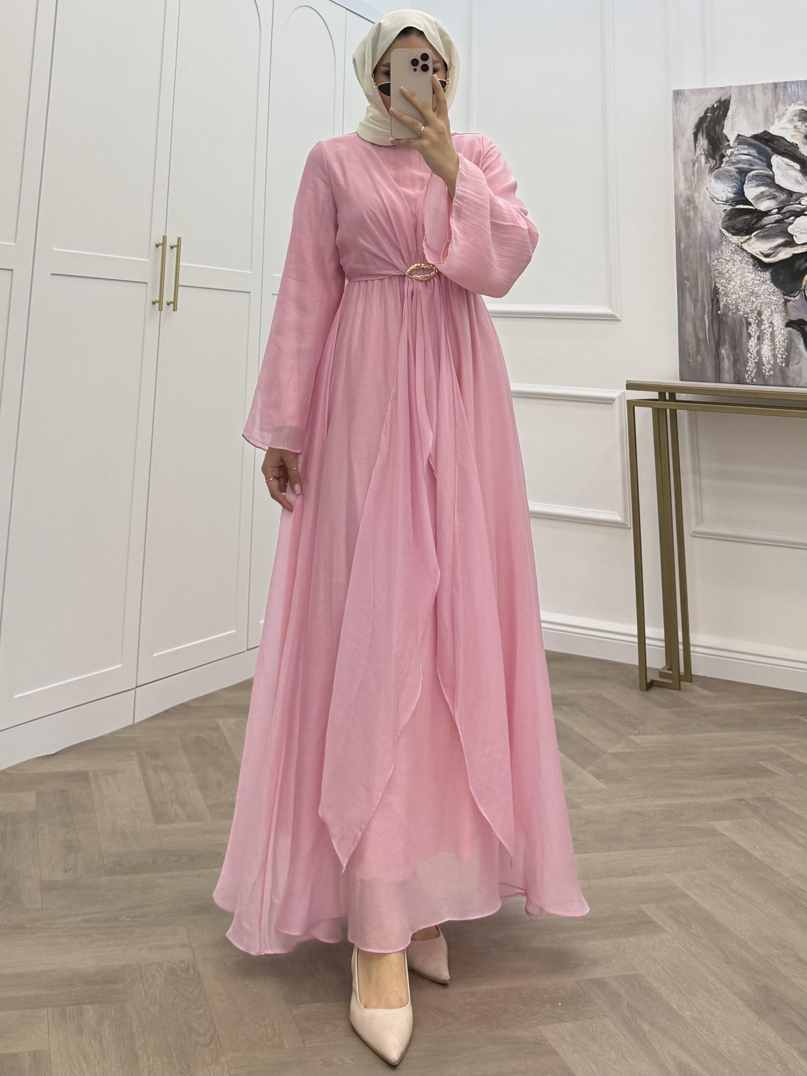 GOLD TOKALI ŞİFON ELBİSE PEMBE