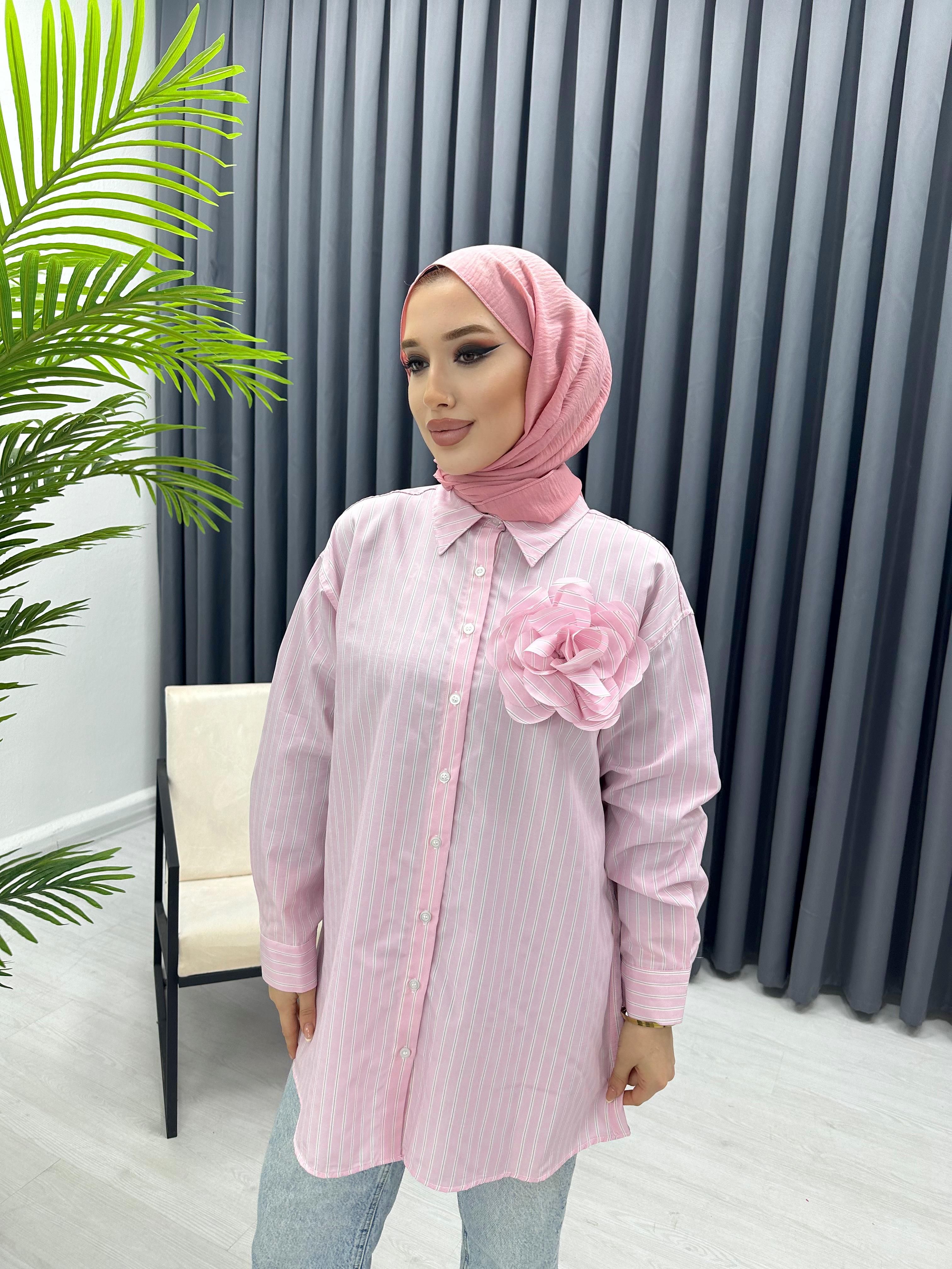 GÜL DETAY ÇİZGİLİ GÖMLEK PEMBE