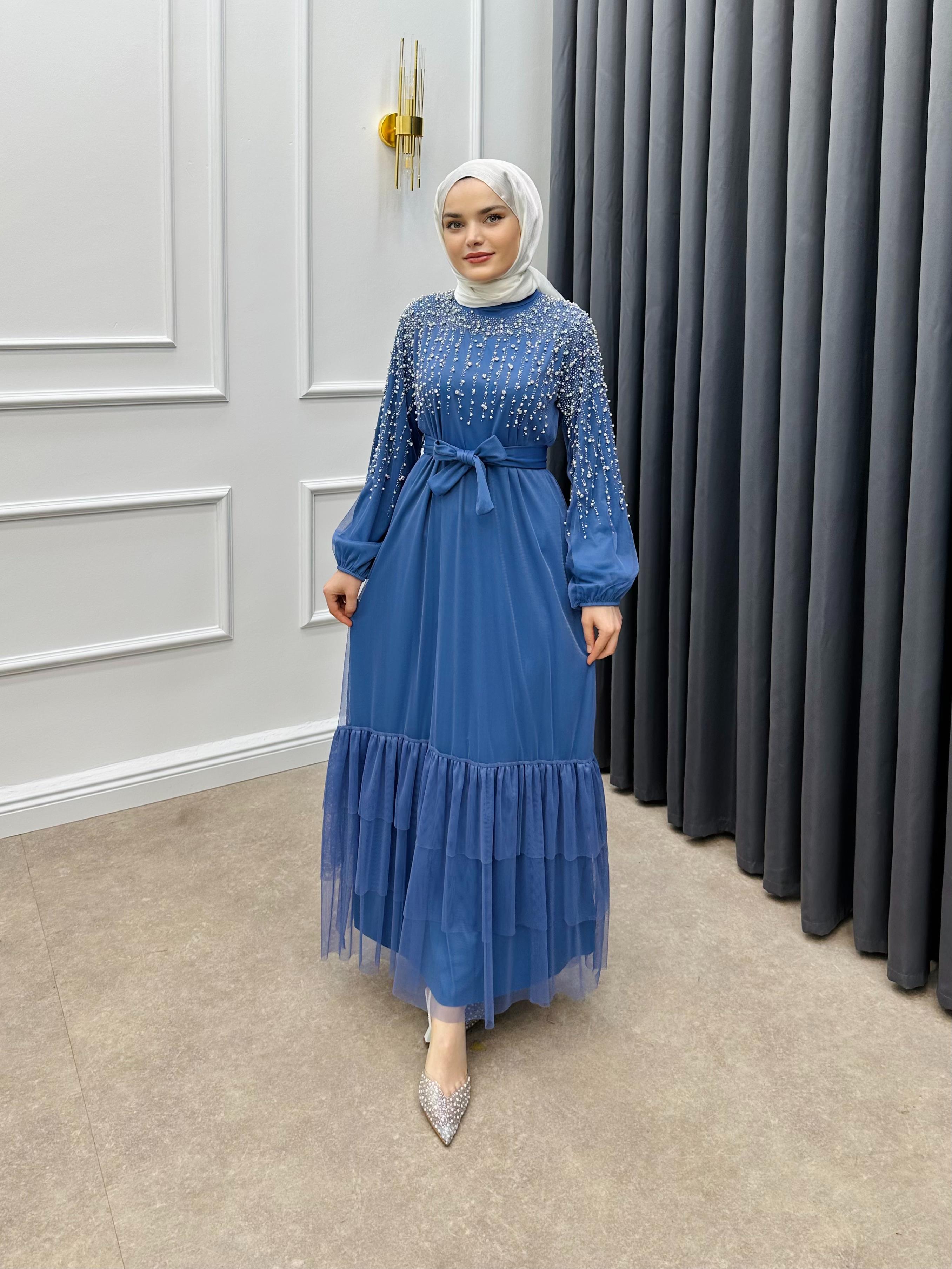 İNCİ DETAYLI TÜL ELBİSE İNDİGO