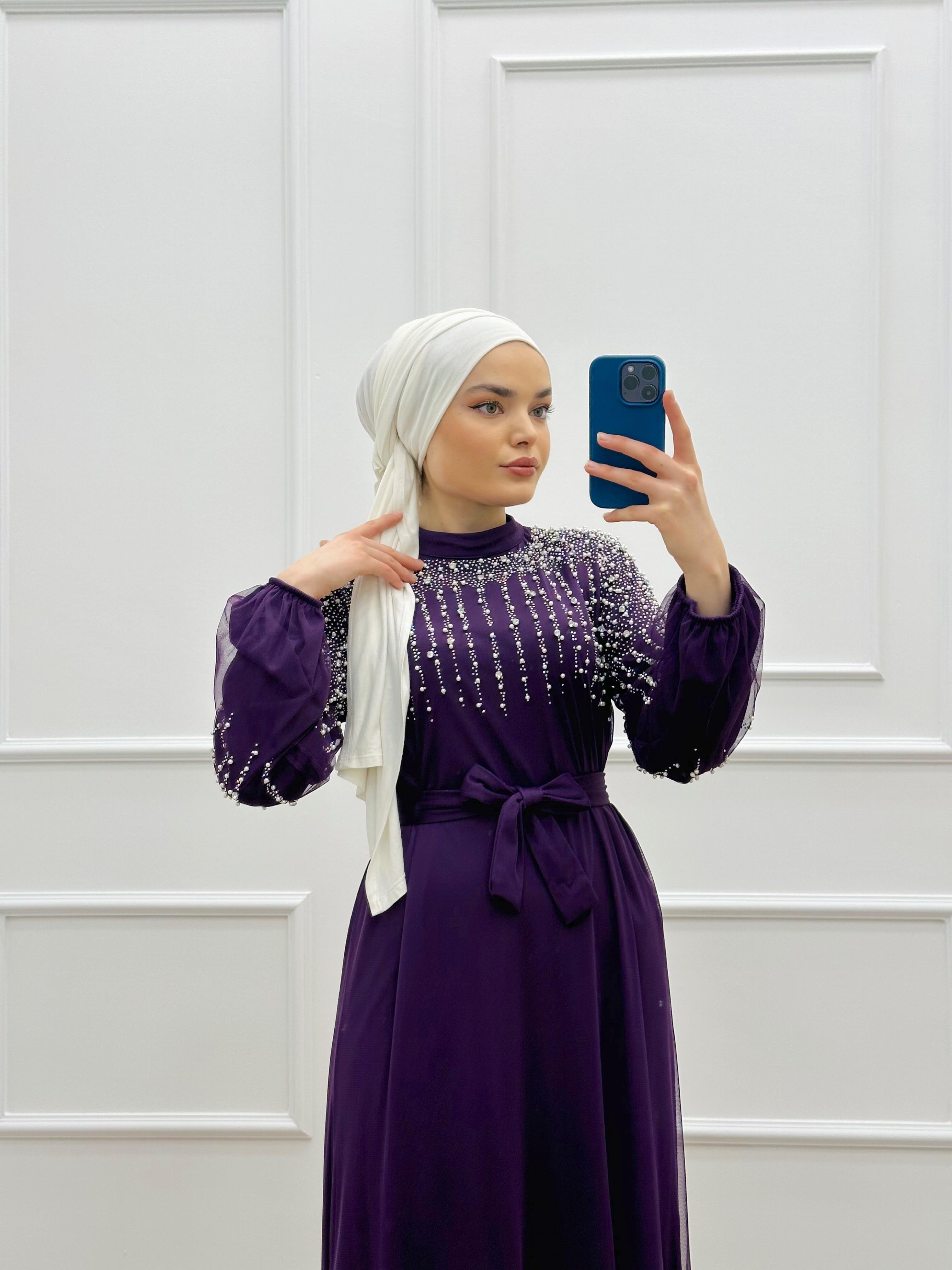 İNCİ DETAYLI TÜL ELBİSE MOR
