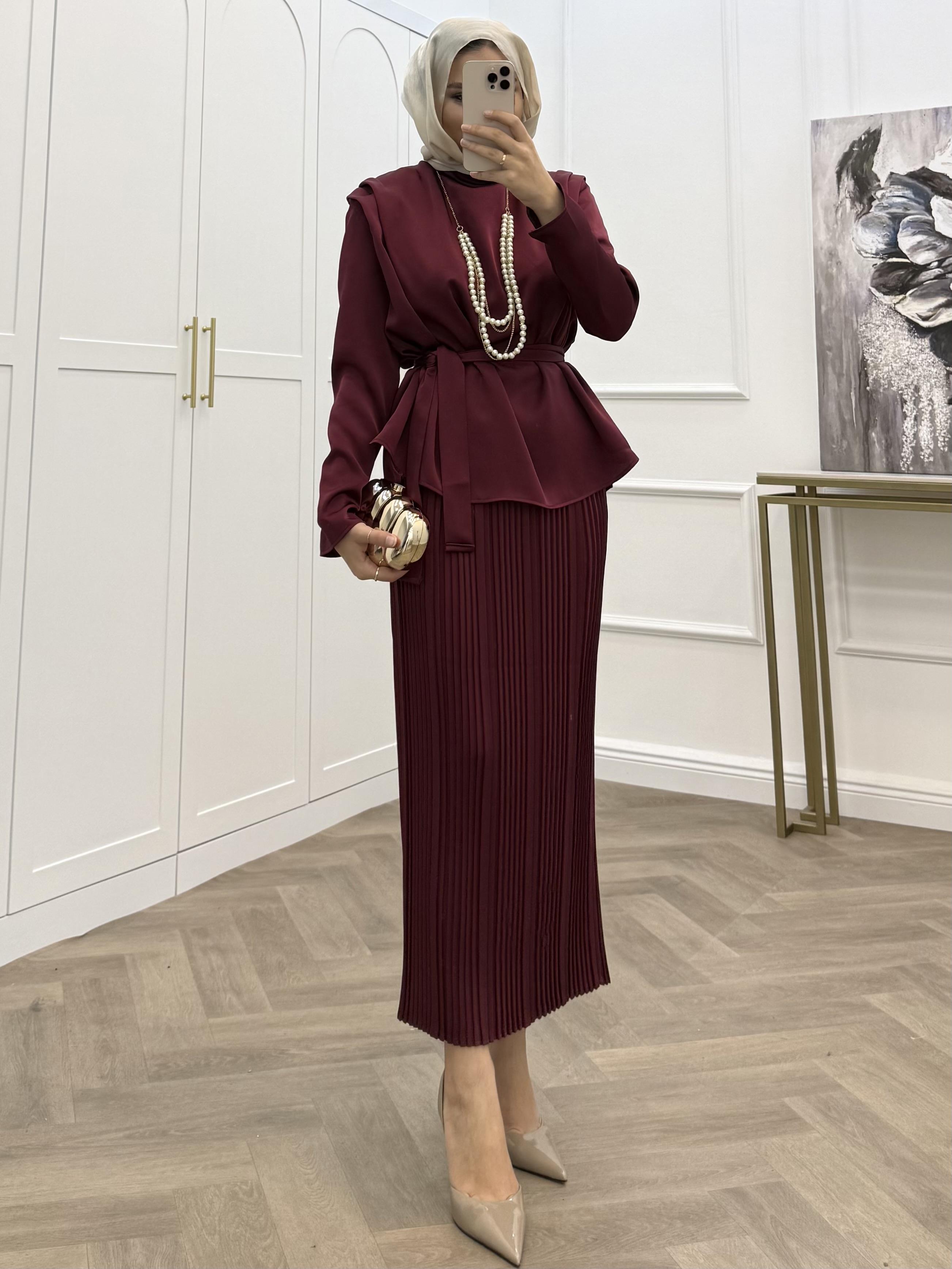 İNCİ KOLYELİ PİLİSELİ TAKIM BORDO