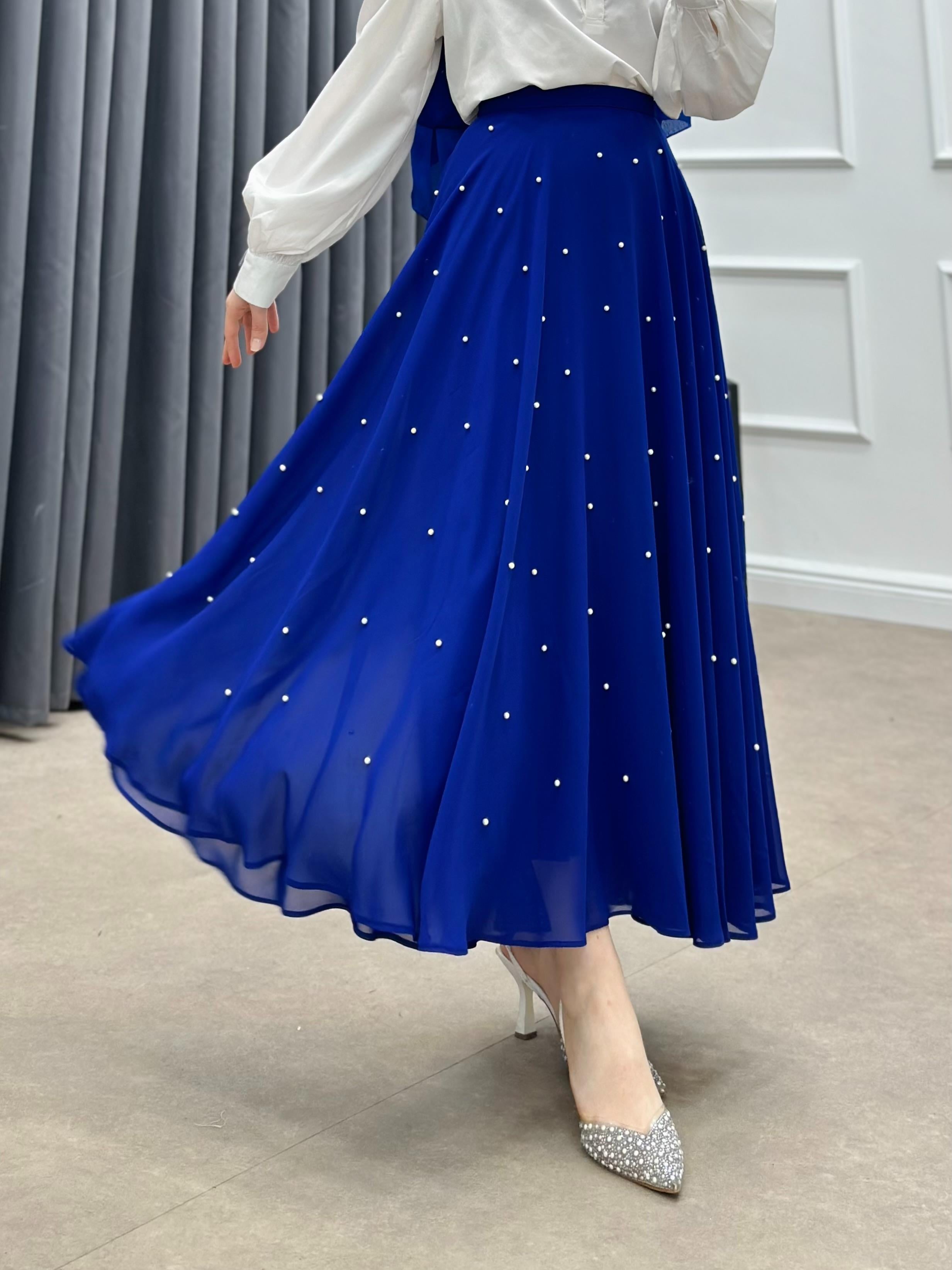 İNCİLİ ŞİFON ETEK SAKS