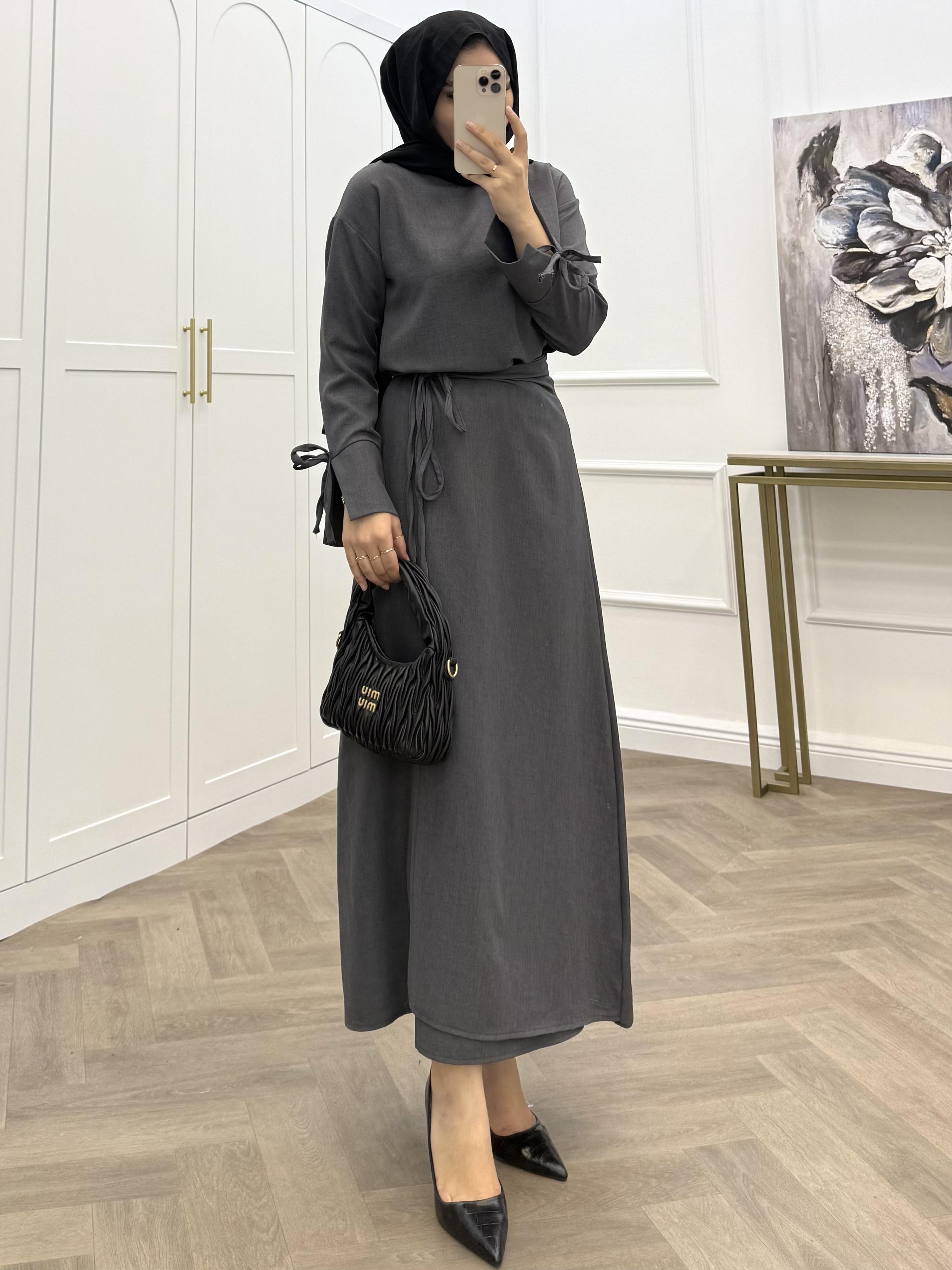 İP BAĞLAMALI BASİC ETEKLİ TAKIM GRİ