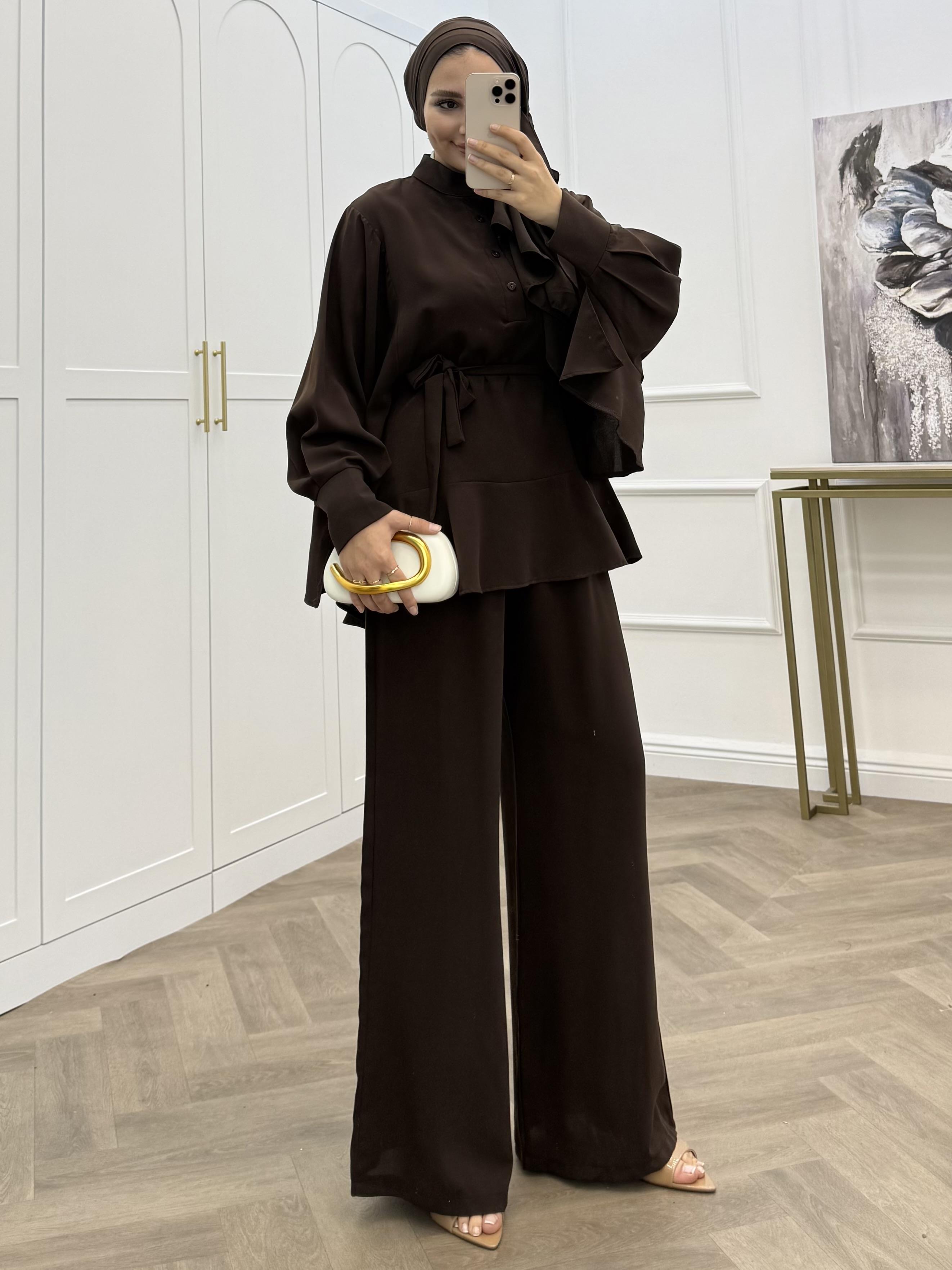 İPEK PANTOLONLU TAKIM KAHVE