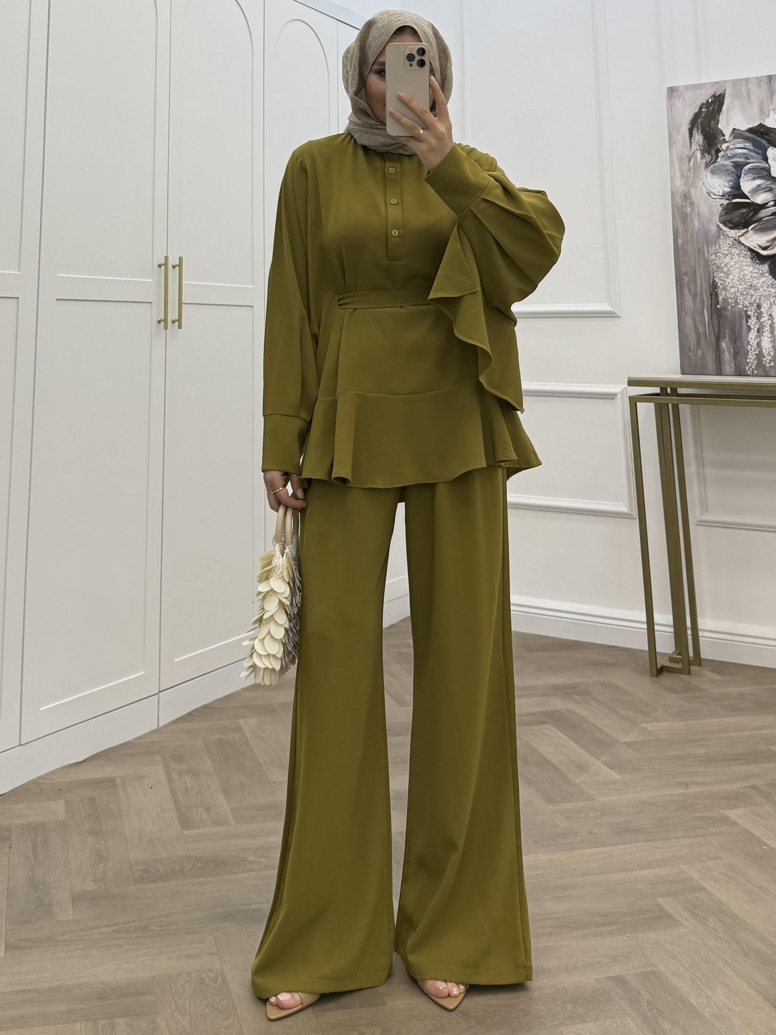 İPEK PANTOLONLU TAKIM YAĞ YEŞİLİ