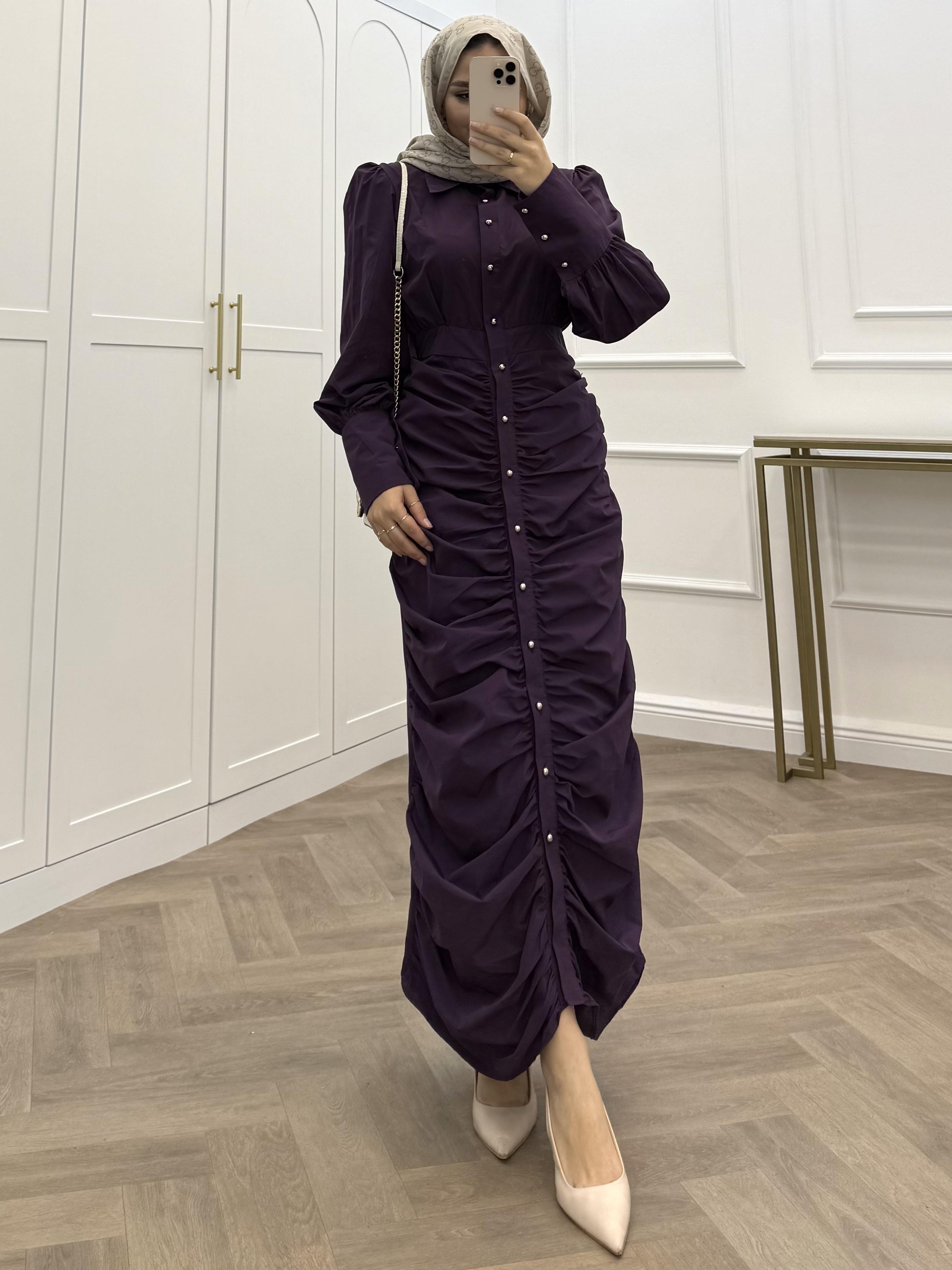 KELEBEK BÜZGÜLÜ POPLİN ELBİSE MOR 