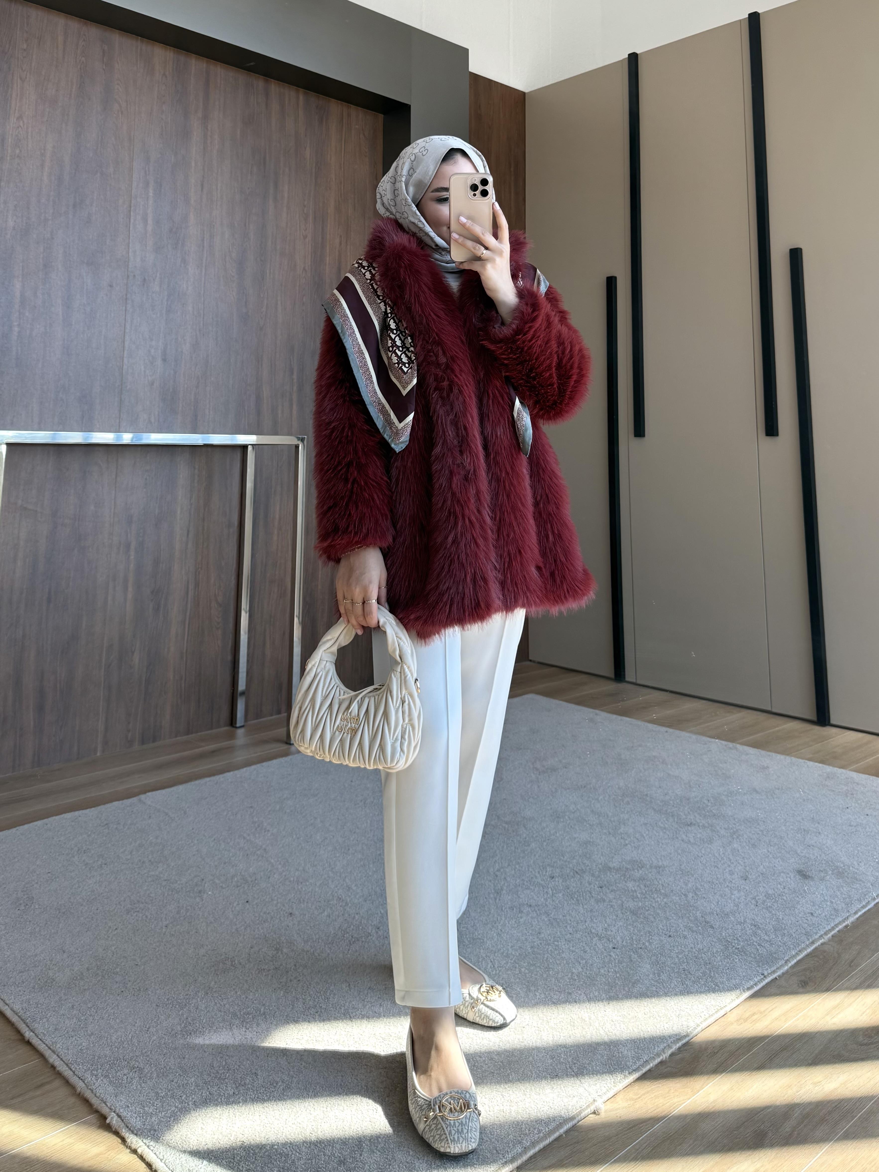 KEMER BEL DETAYLI ŞAL YAKA KÜRK BORDO