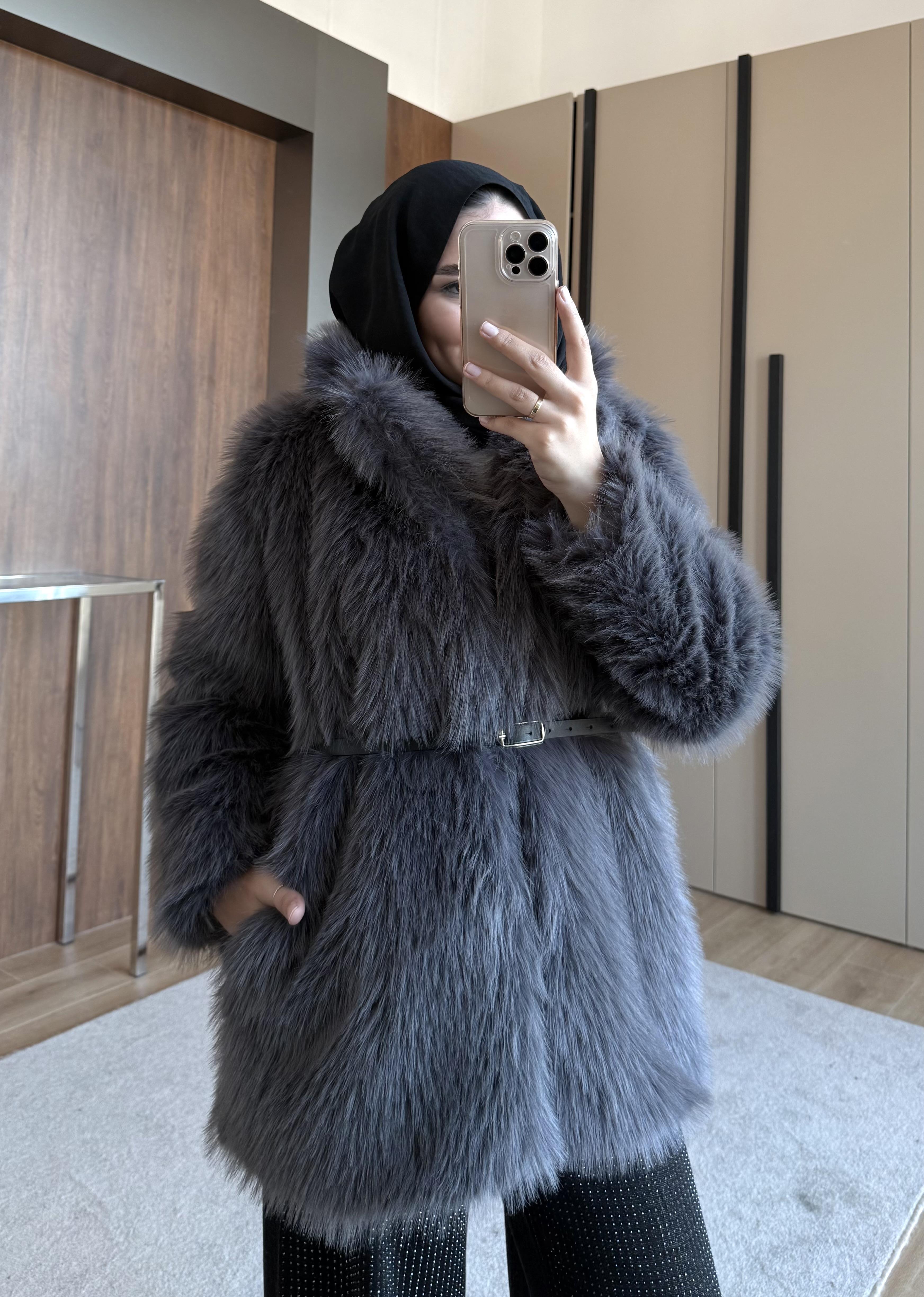 KEMER BEL DETAYLI ŞAL YAKA KÜRK FÜME