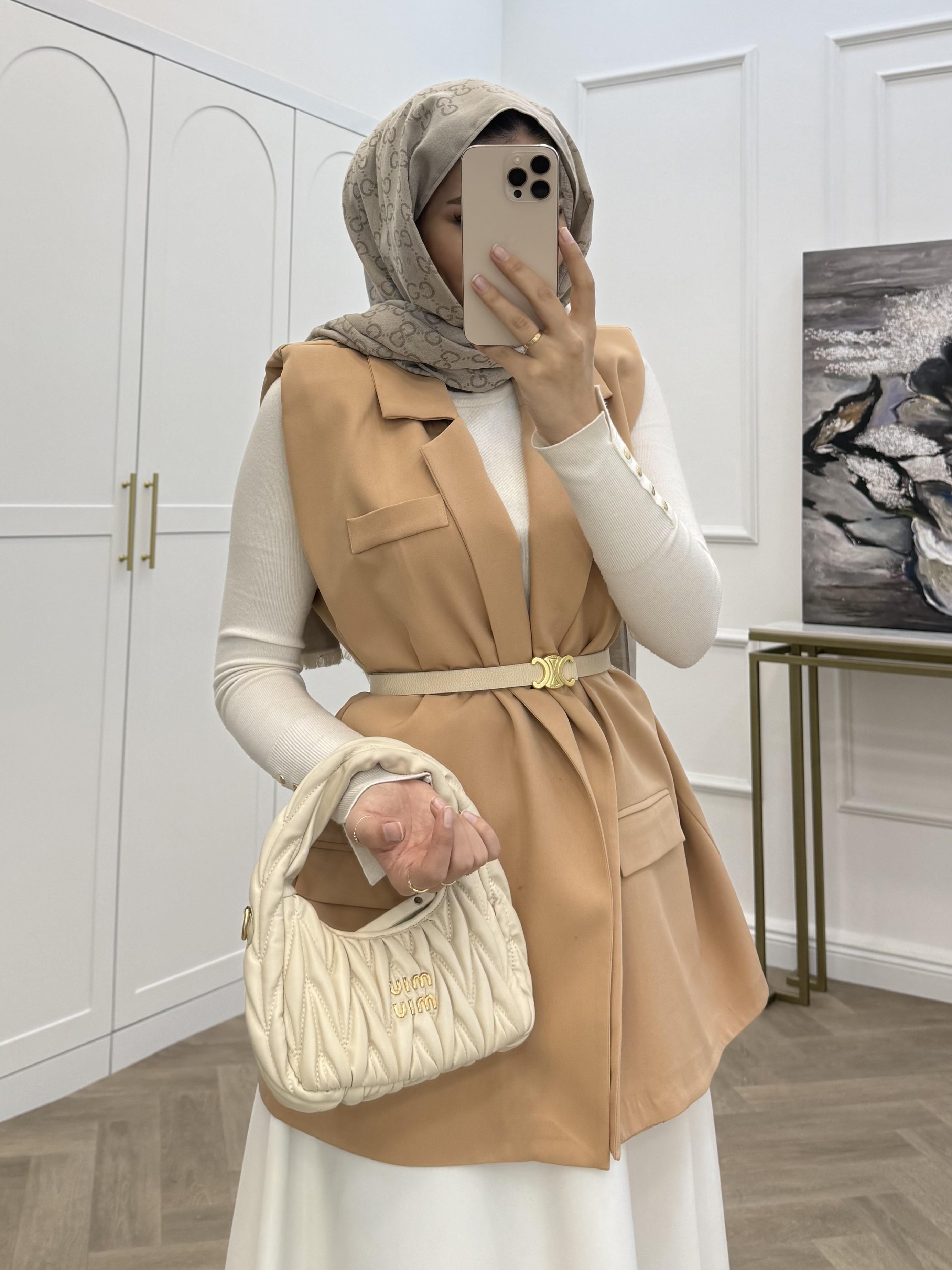 KEMERLİ BLAZER YELEK SÜTLÜ KAHVE