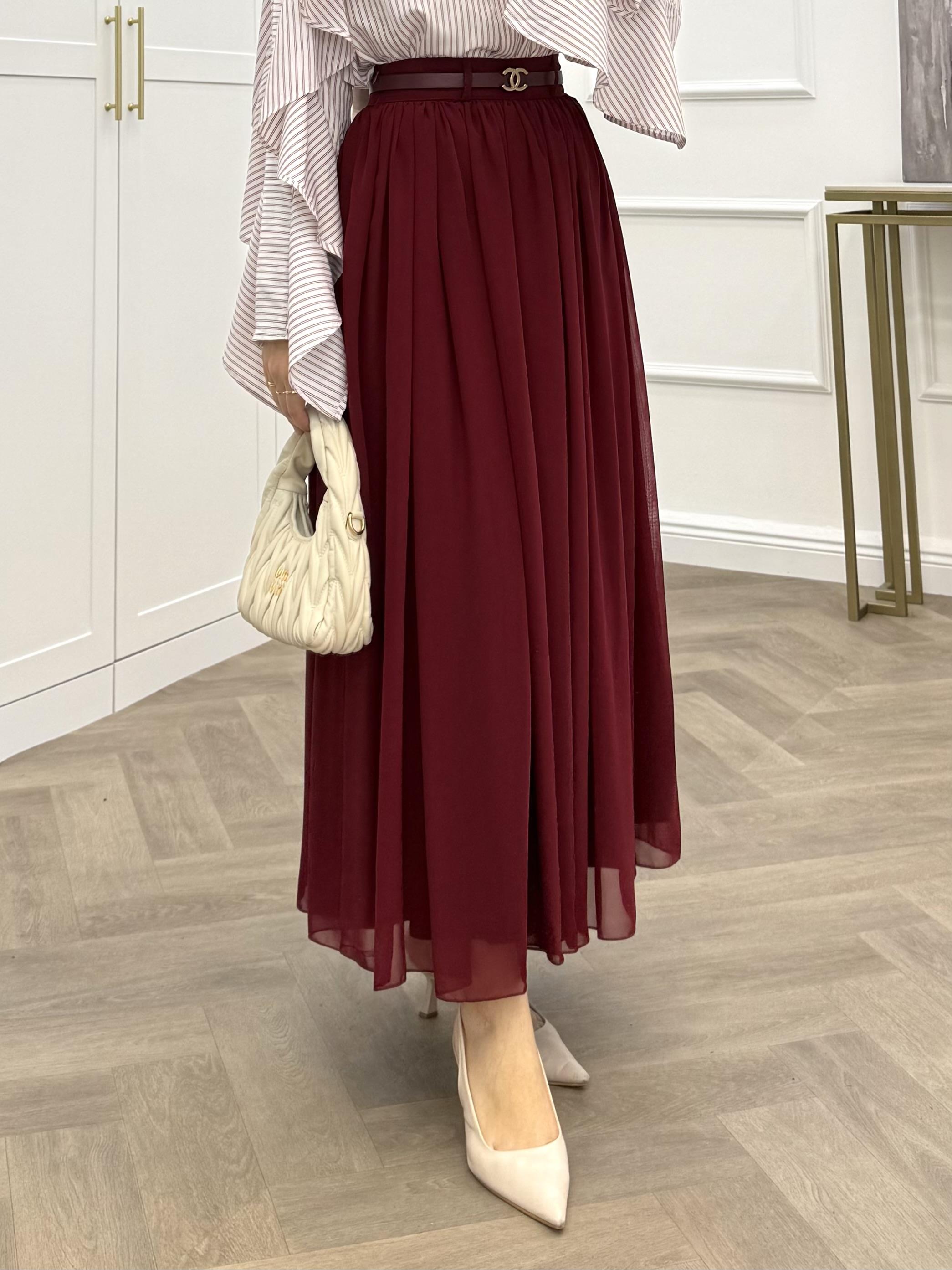 KEMERLİ ŞİFON ETEK BORDO