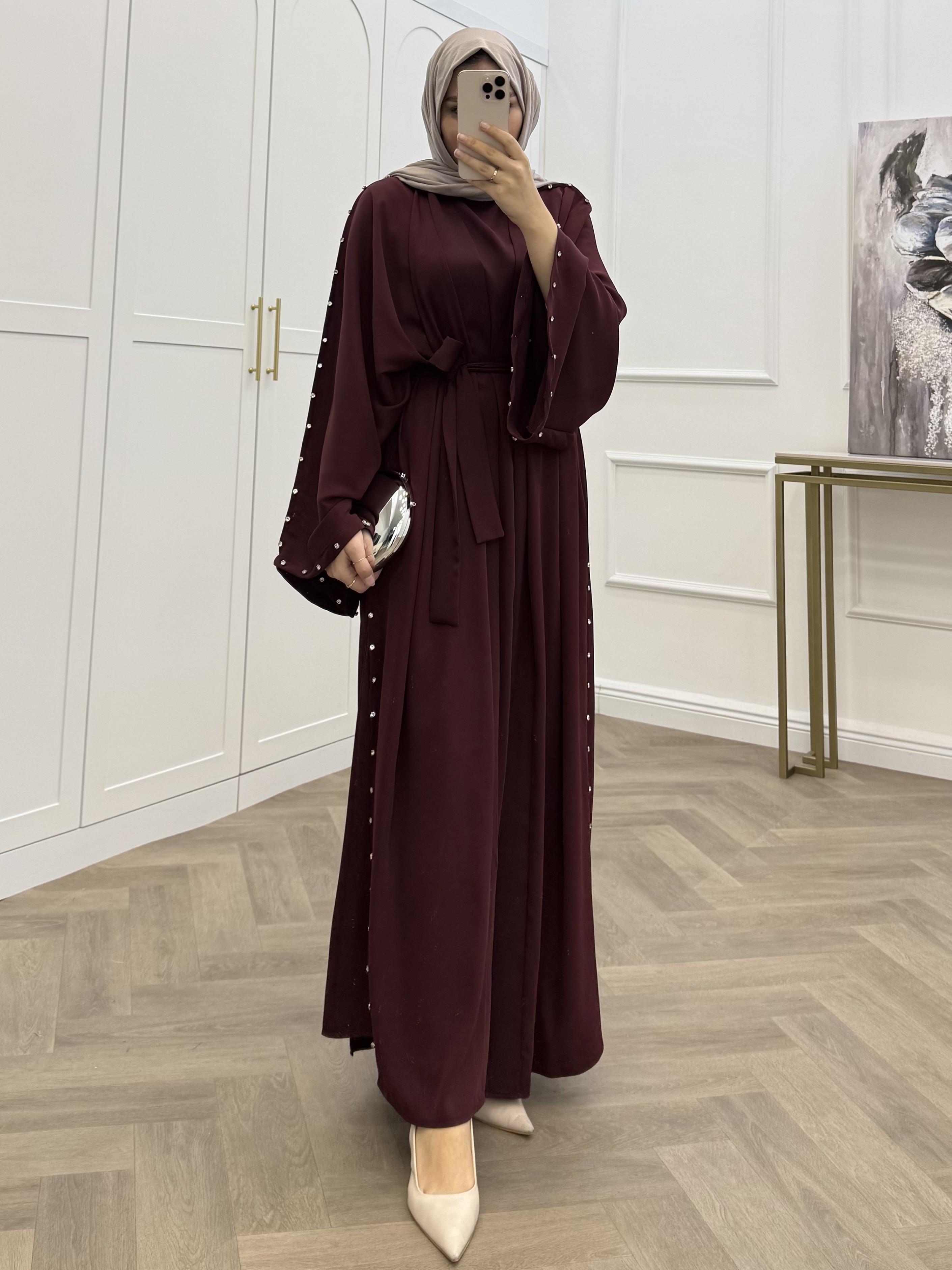 KOLLARI TAŞLI ABAYA TAKIM BORDO