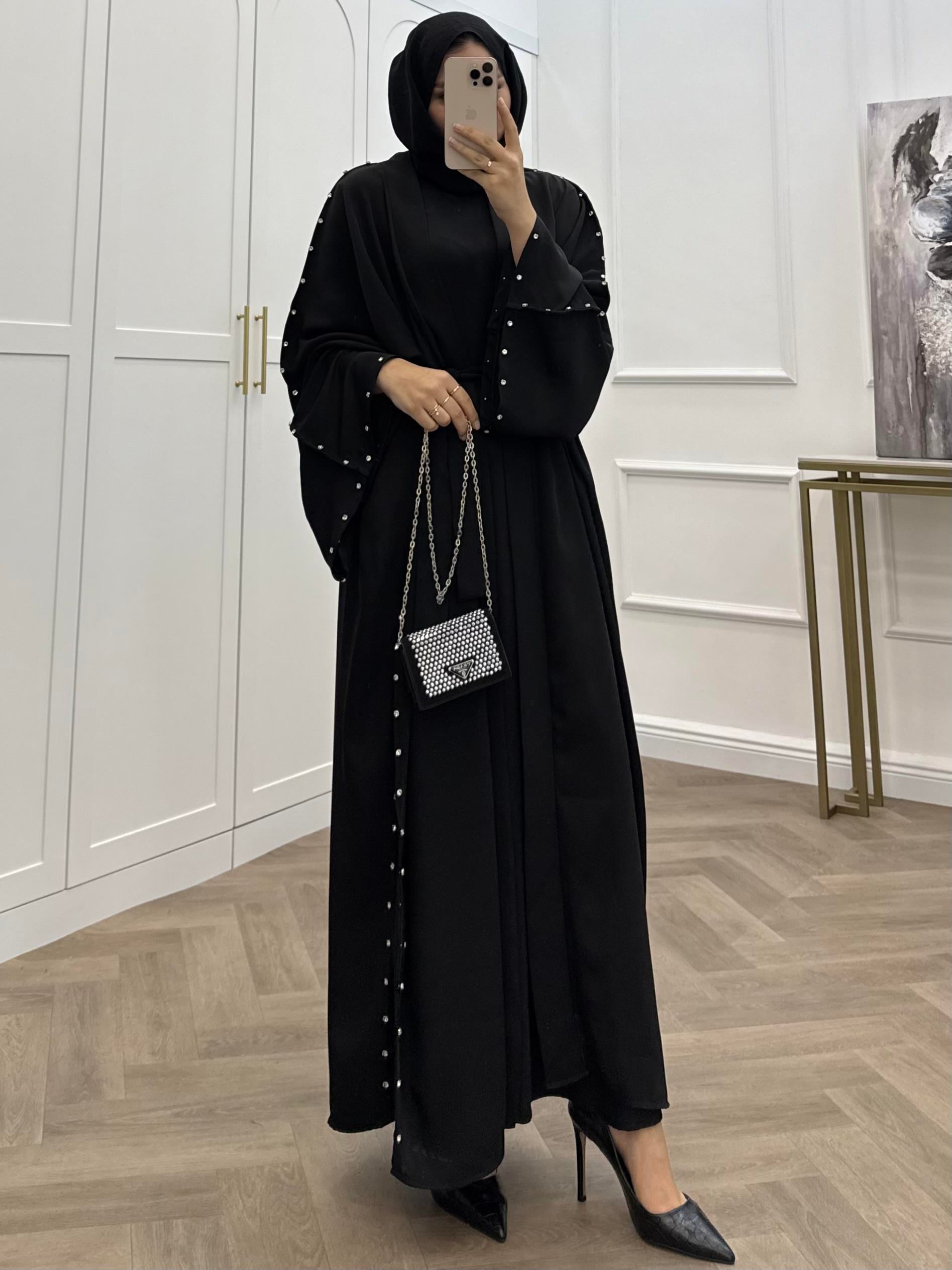 KOLLARI TAŞLI ABAYA TAKIM SİYAH