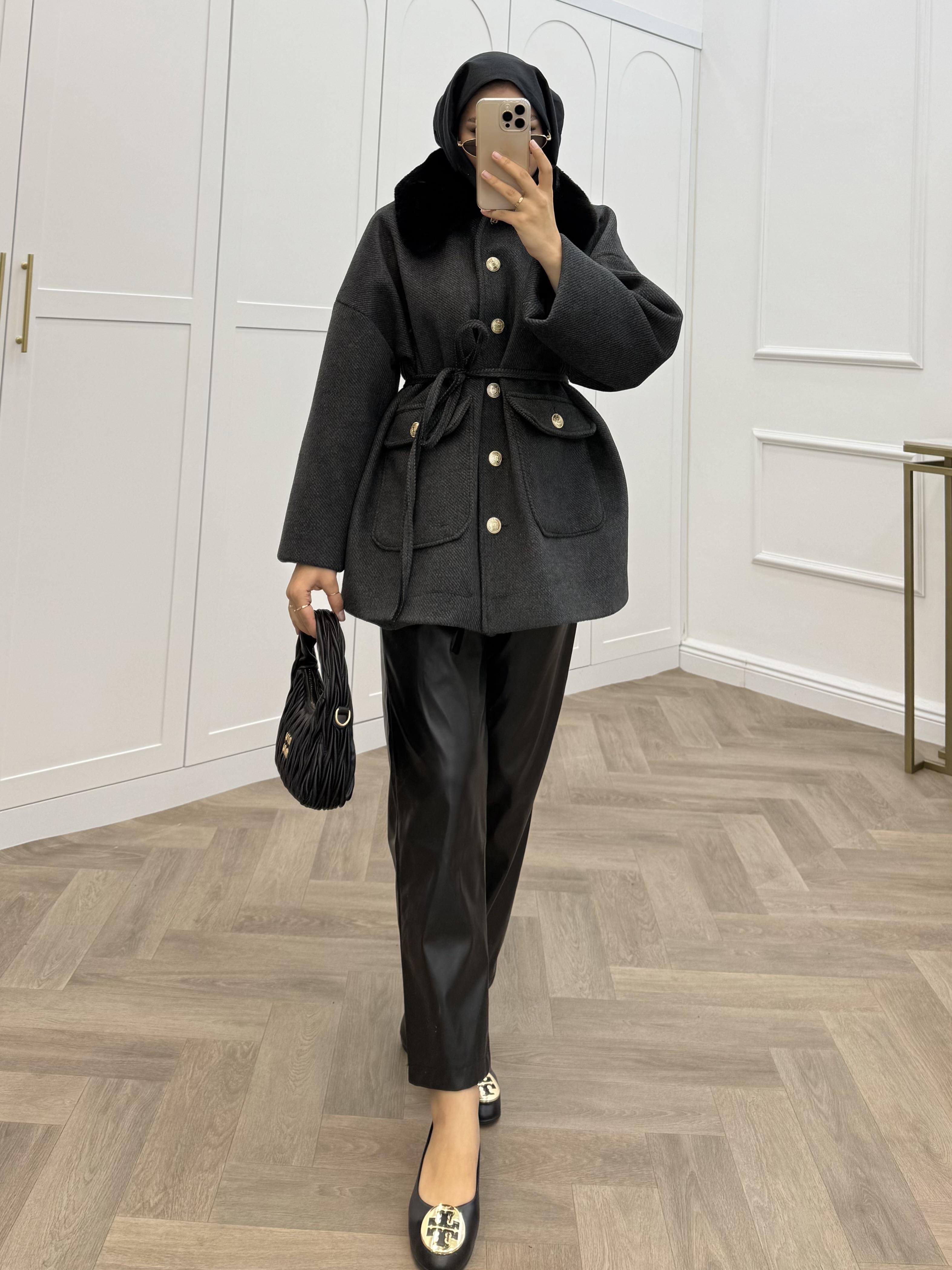 KÜRK YAKA GOLD DÜĞMELİ CEKET ANTRASİT