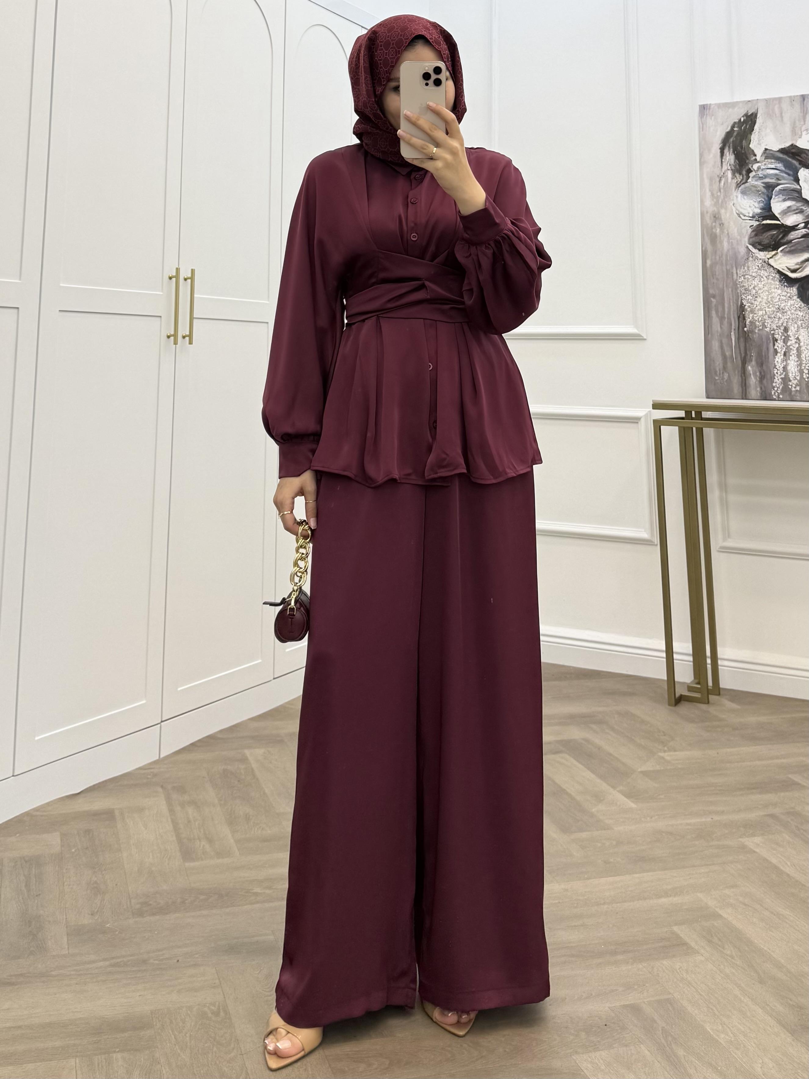 KUŞAK DETAYLI SATEN PANTOLONLU TAKIM BORDO