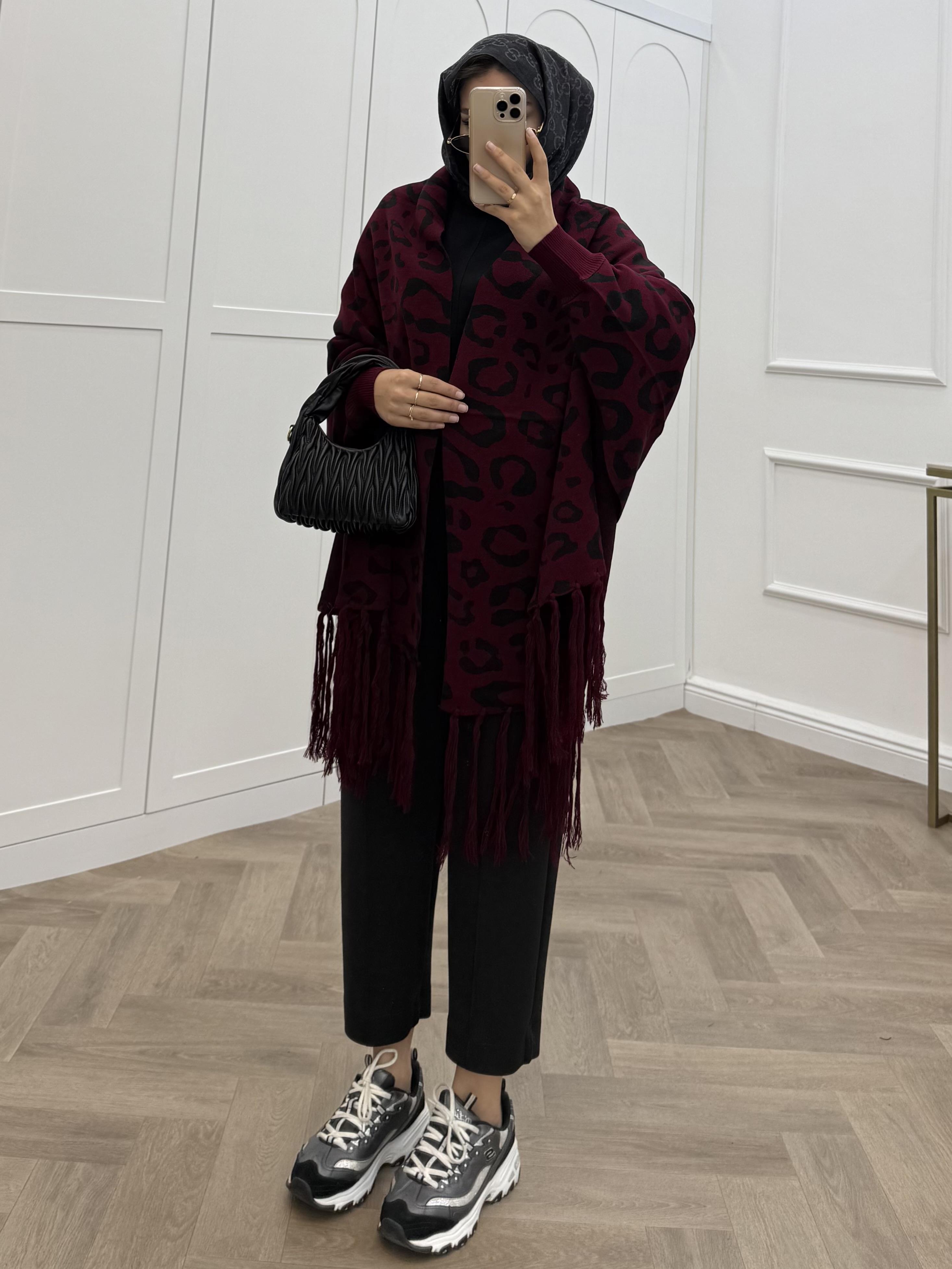 LEOPAR DESENLİ ŞAL PANÇO BORDO