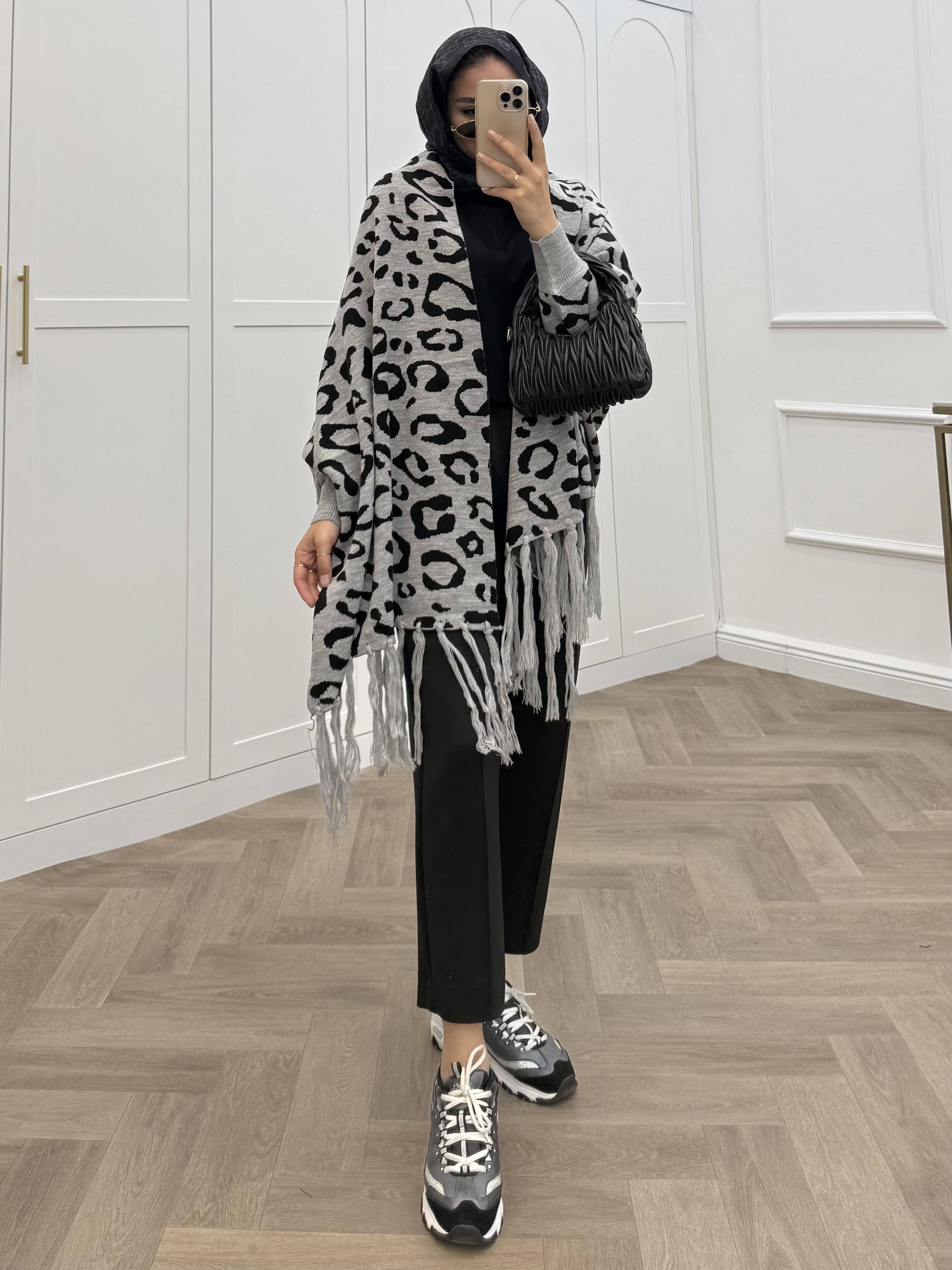 LEOPAR DESENLİ ŞAL PANÇO GRİ