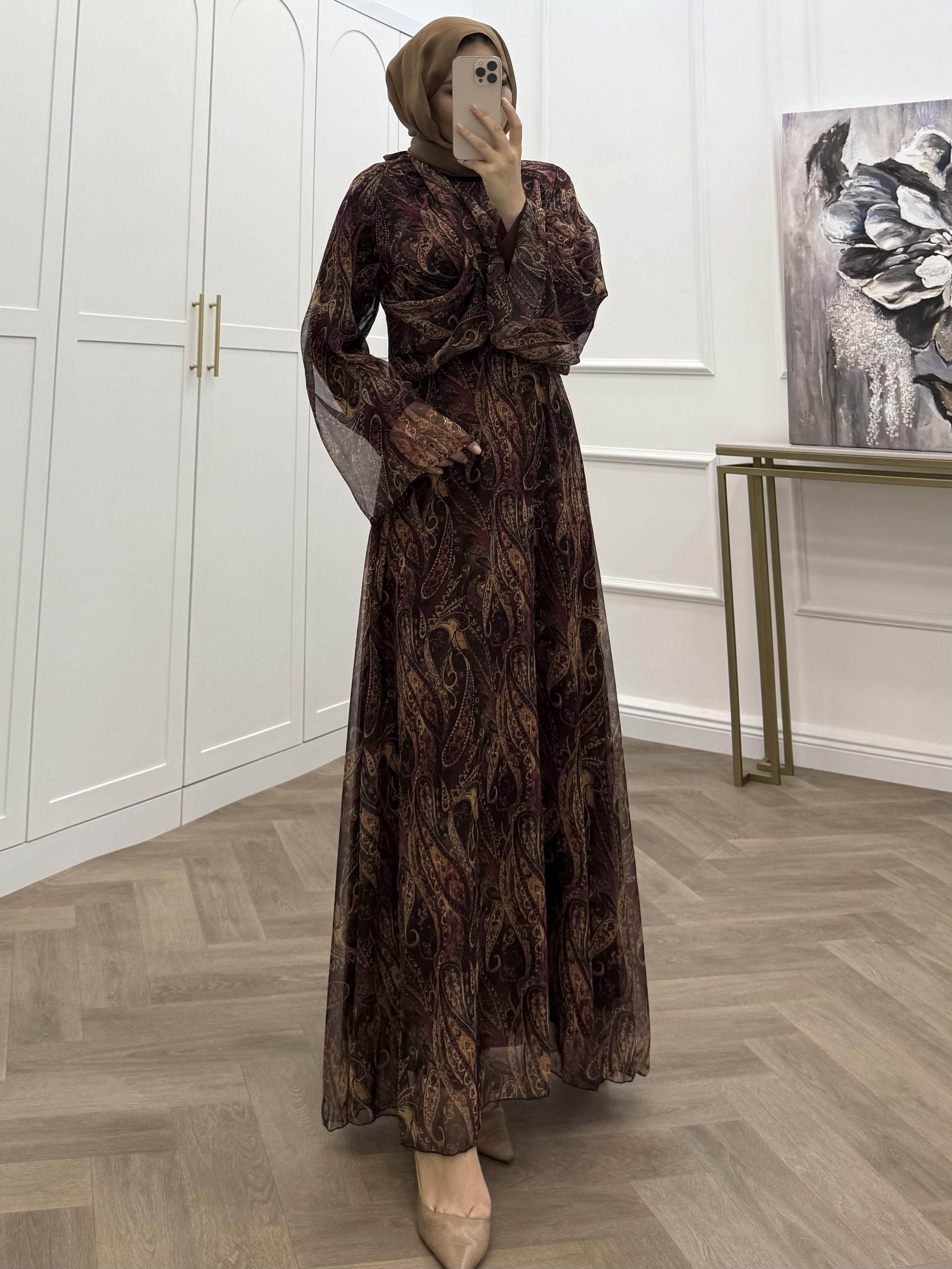 MAİ ŞAL DESEN ŞİFON ELBİSE MÜRDÜM