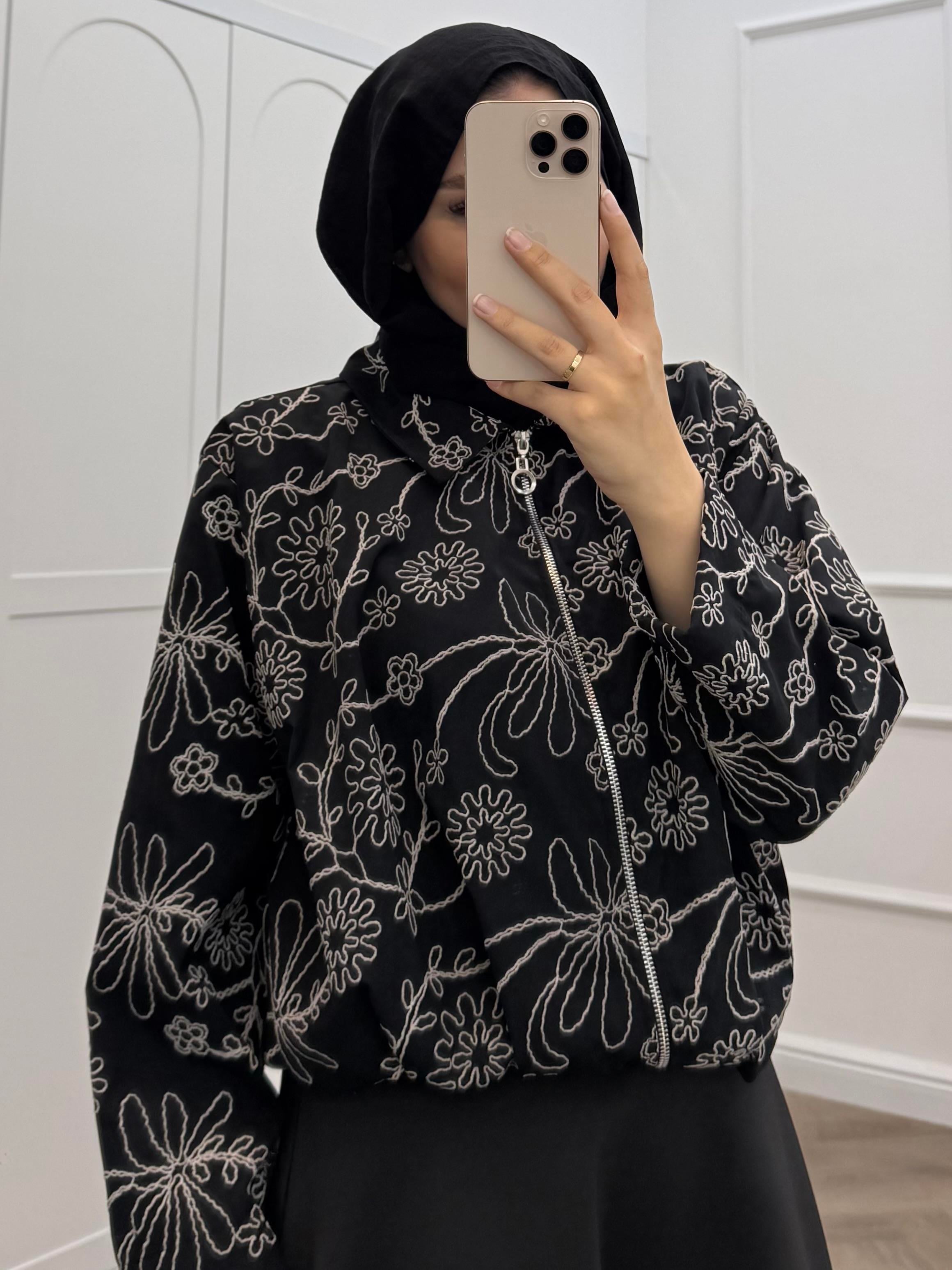 NAKIŞLI BOMBER CEKET SİYAH