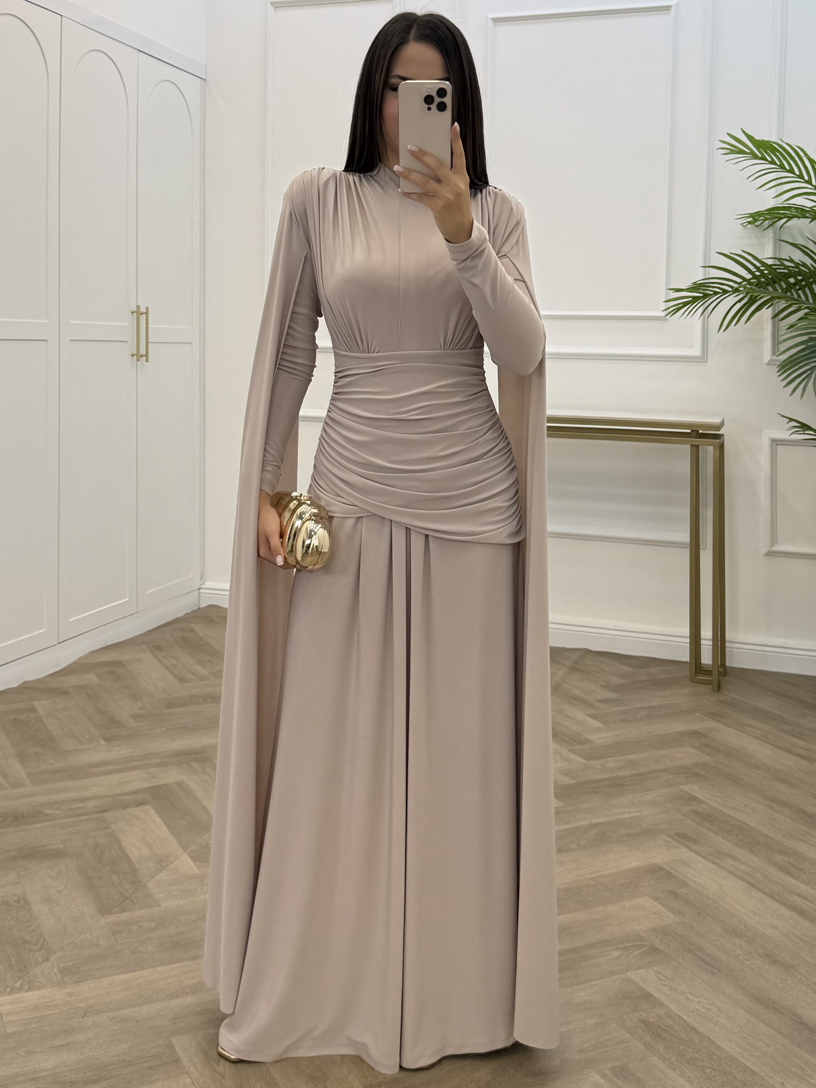 NURELLA PELERİNLİ SANDY ELBİSE BEJ