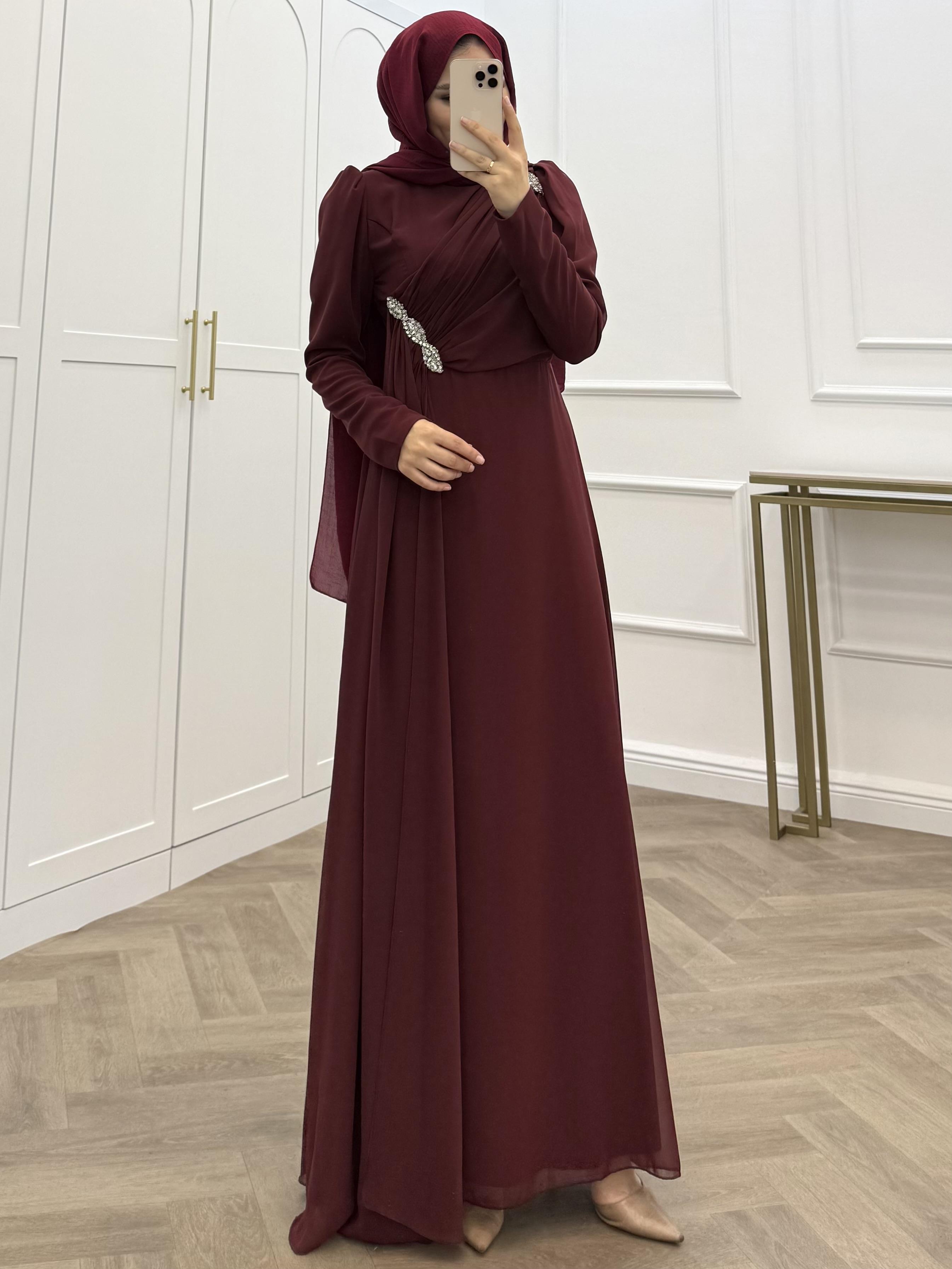 OMZU TAŞLI ŞİFON ELBİSE BORDO