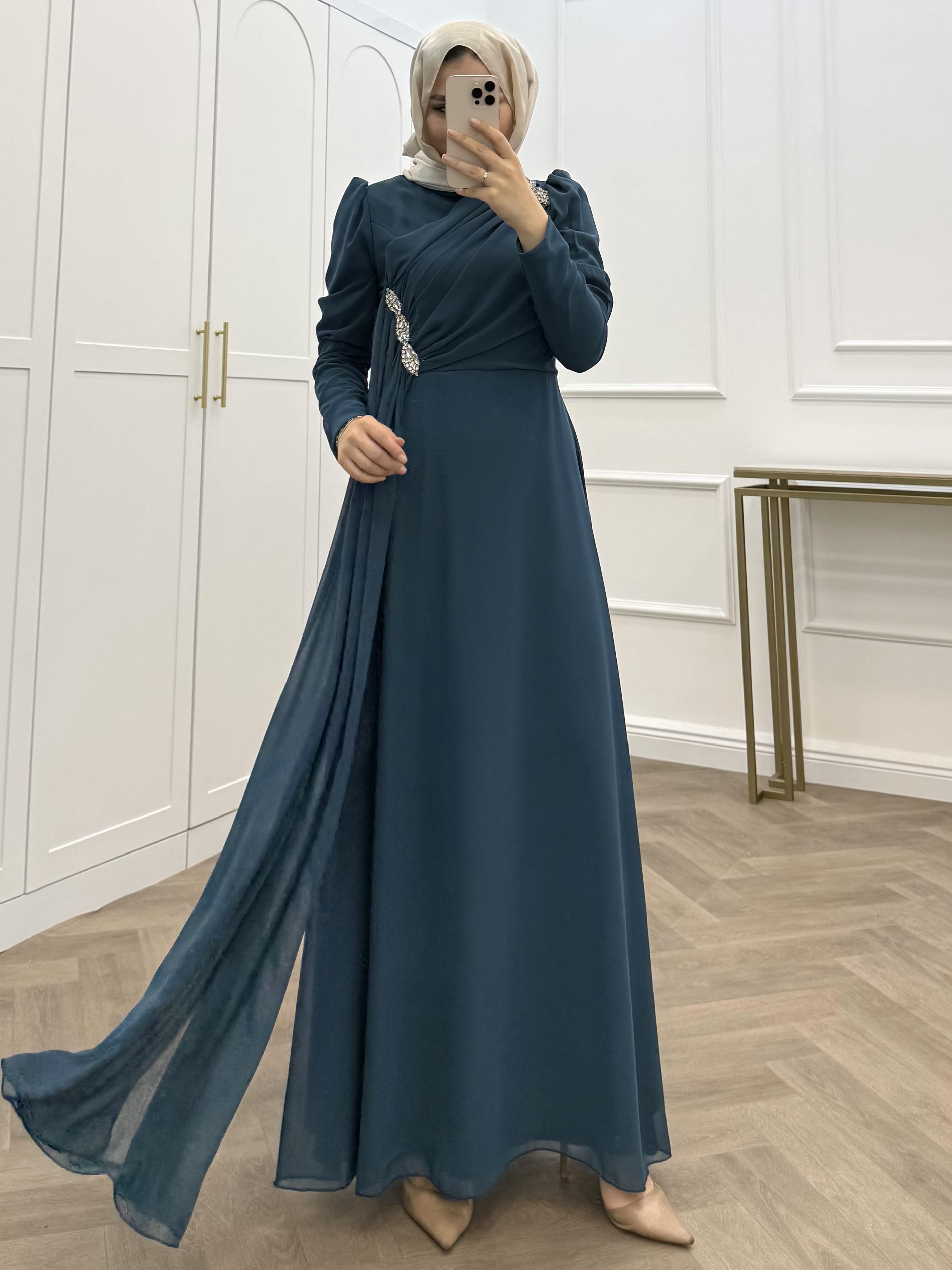 OMZU TAŞLI ŞİFON ELBİSE PETROL